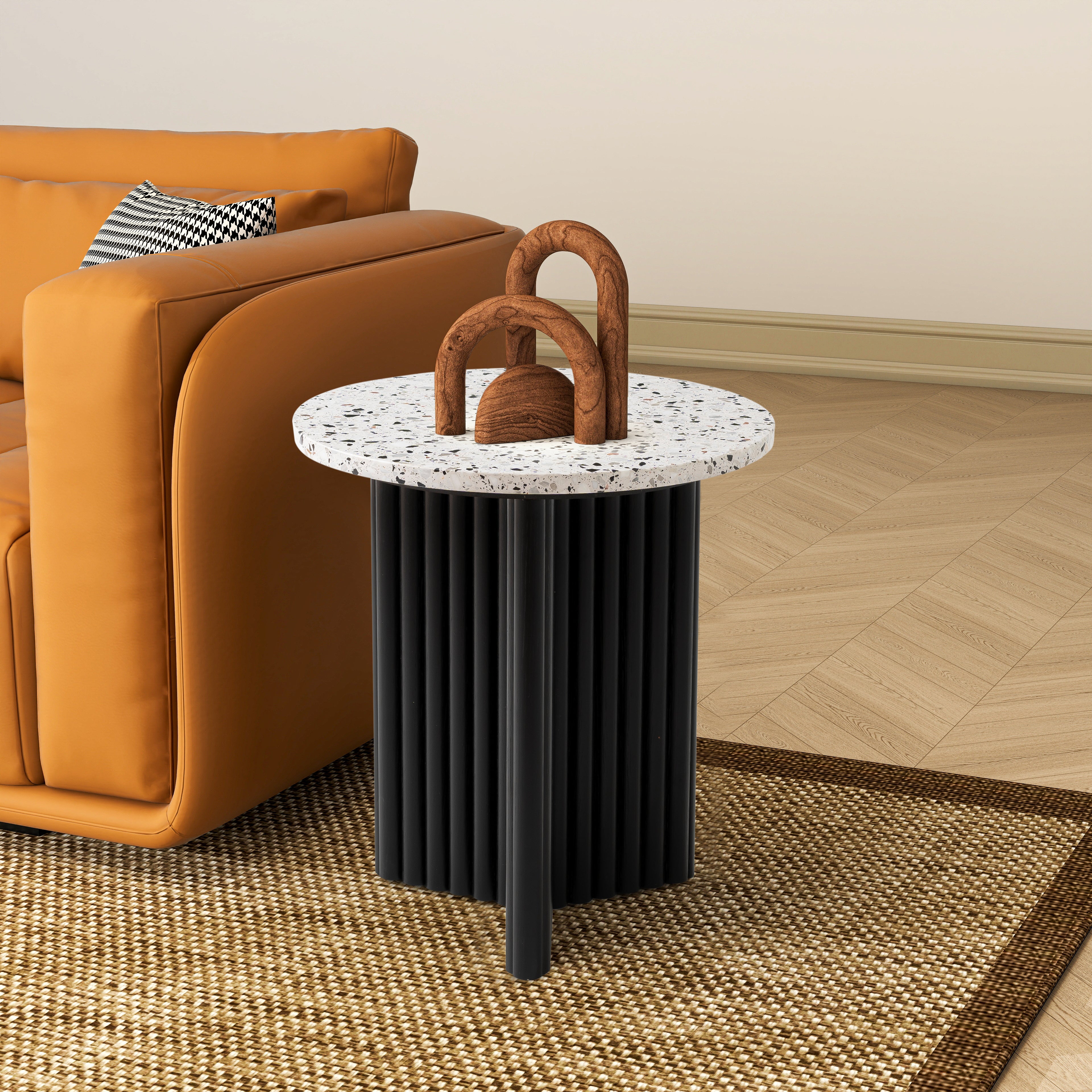 23" White and Black Faux Terrazzo and Wood Round Pedestal End Table-4