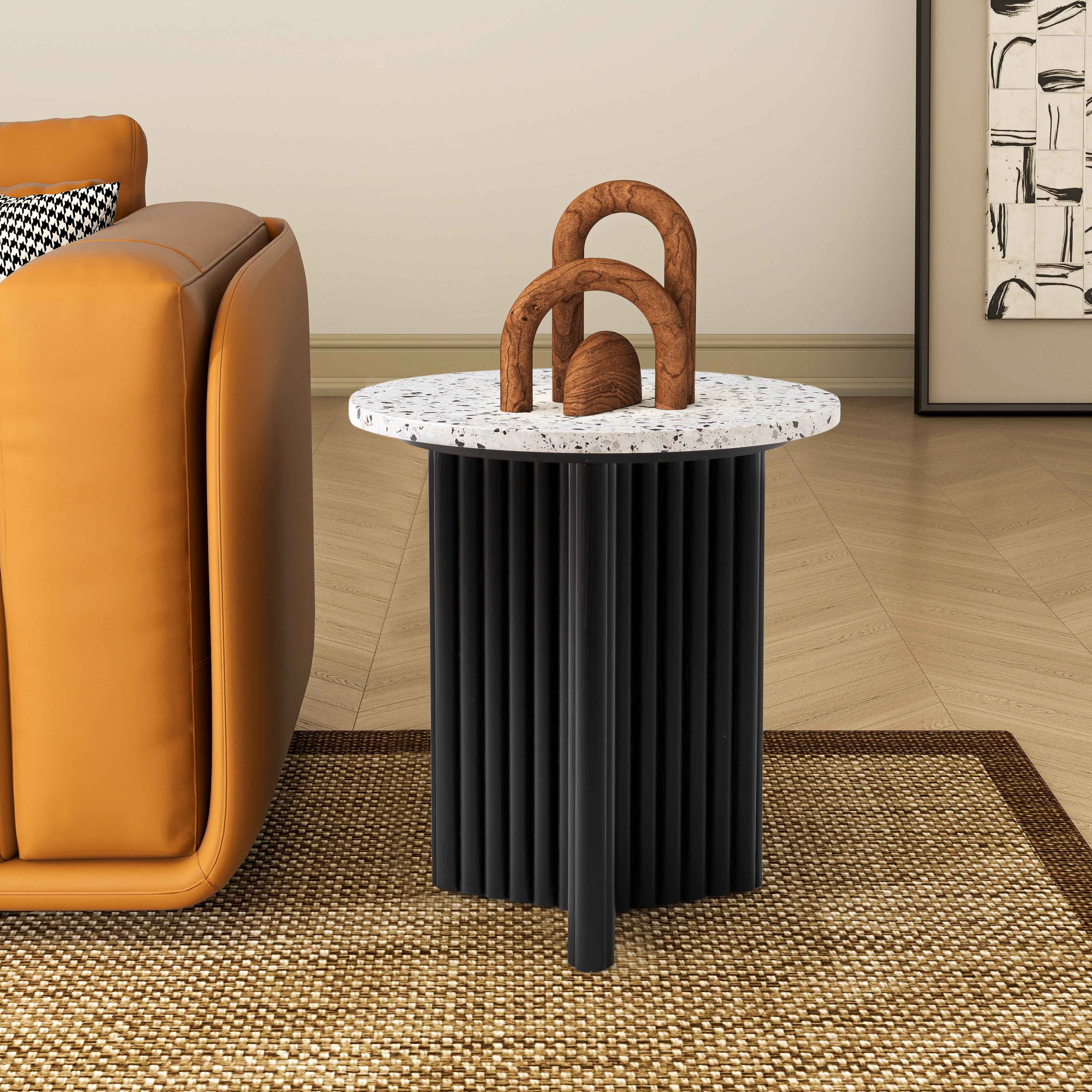 23" White and Black Faux Terrazzo and Wood Round Pedestal End Table-5
