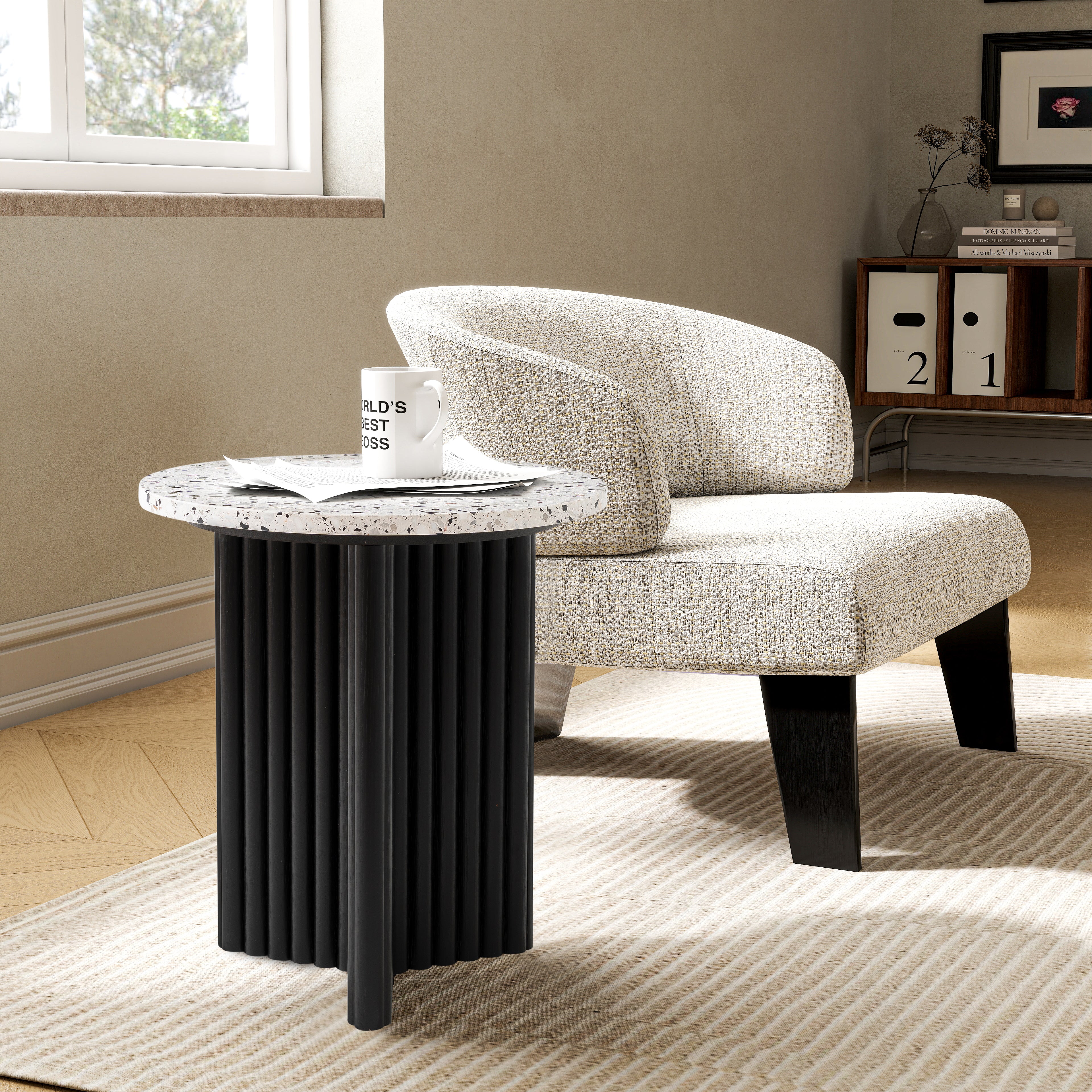 23" White and Black Faux Terrazzo and Wood Round Pedestal End Table-6