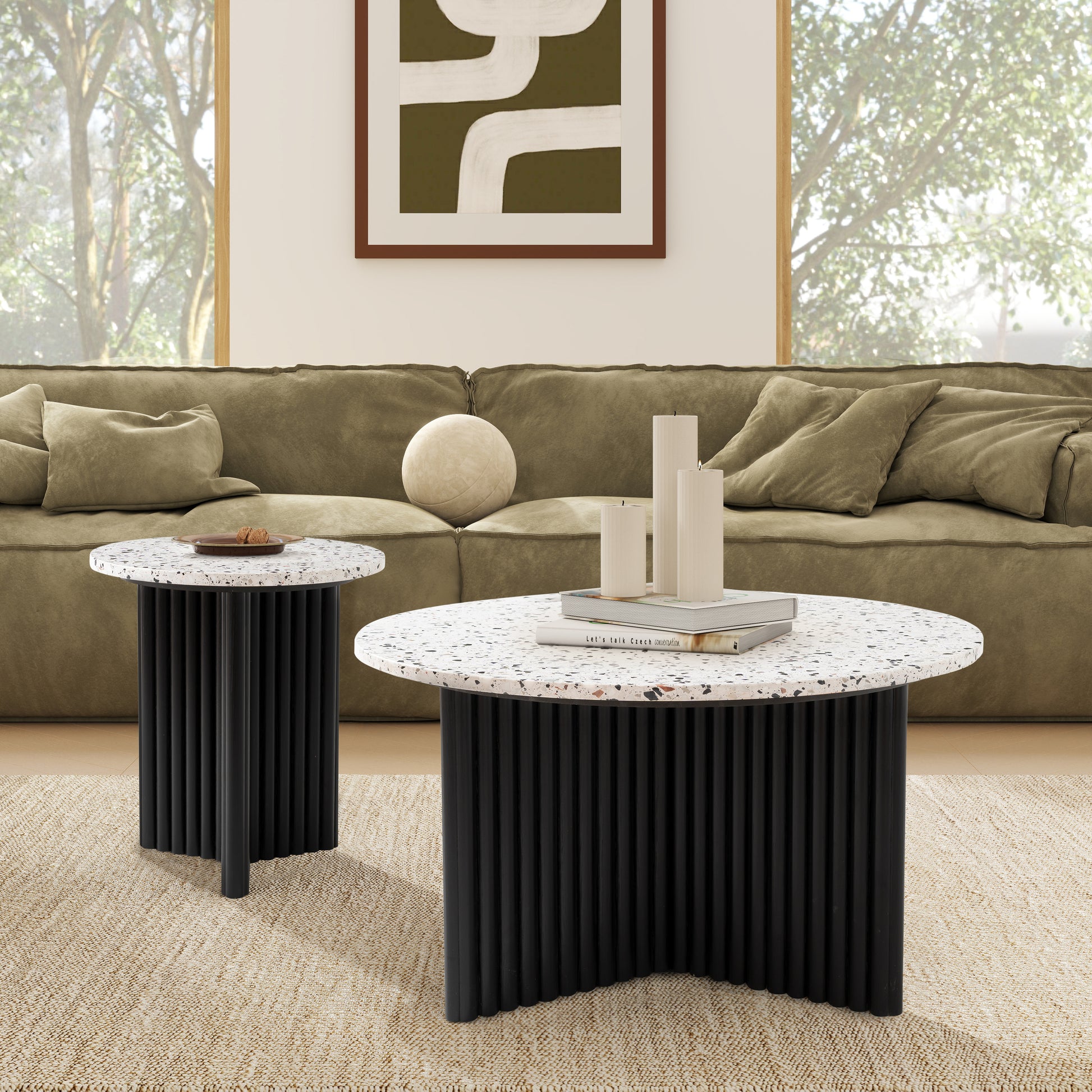 23" White and Black Faux Terrazzo and Wood Round Pedestal End Table-7