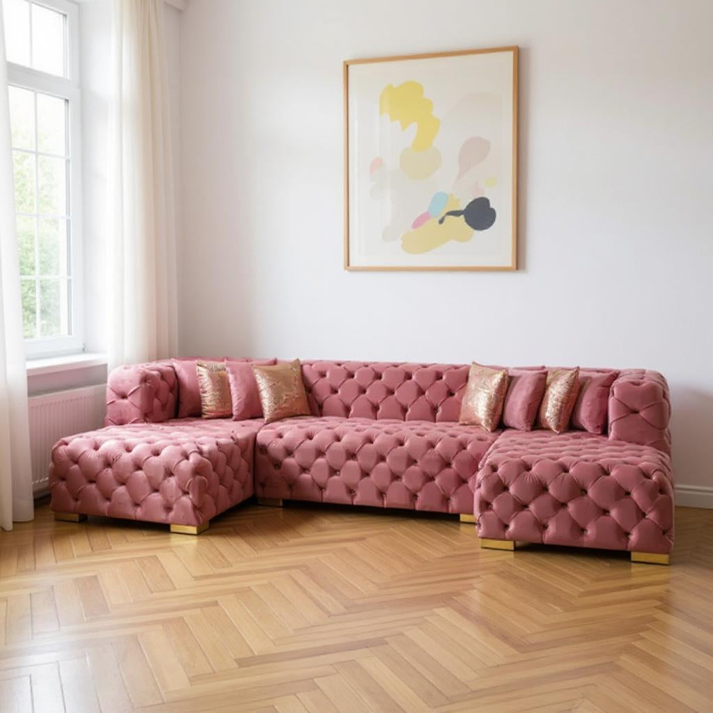 Tufted Pink Velvet Modular U Shaped Sofa and Chaise Sectional With Toss Pillows-1