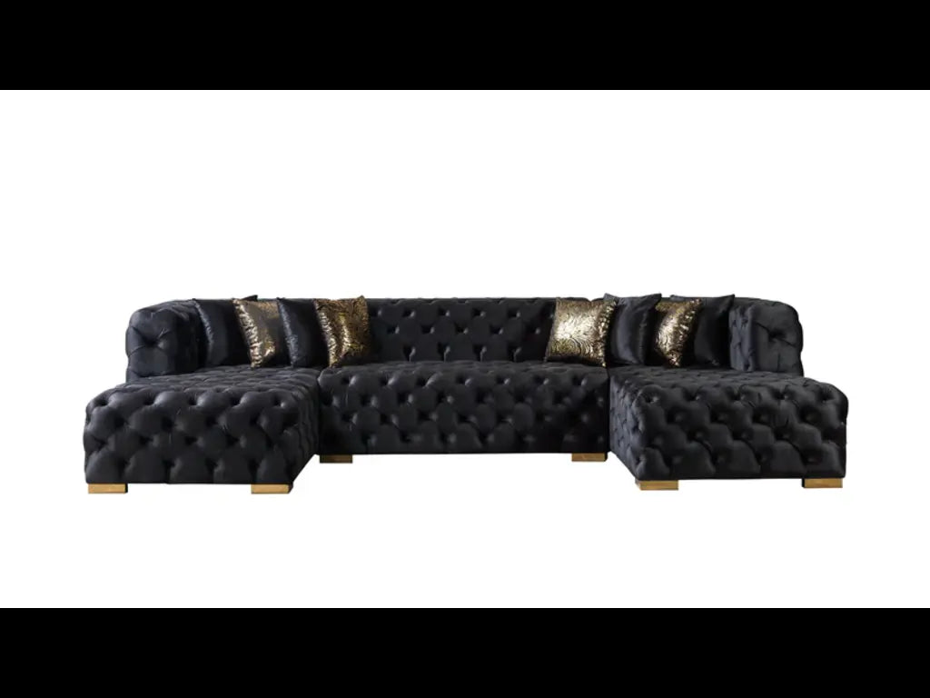 Tufted Black Velvet Modular U Shaped Sofa and Chaise Sectional With Toss Pillows-5