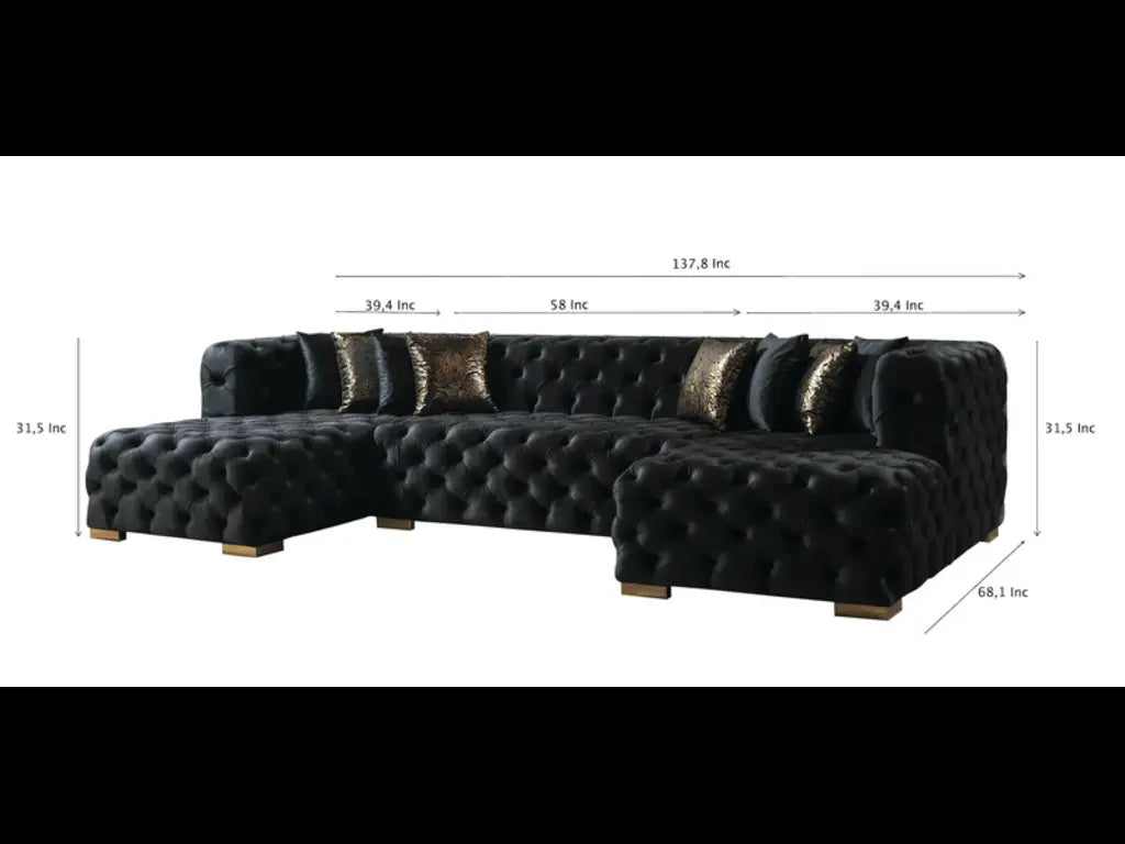 Tufted Black Velvet Modular U Shaped Sofa and Chaise Sectional With Toss Pillows-7