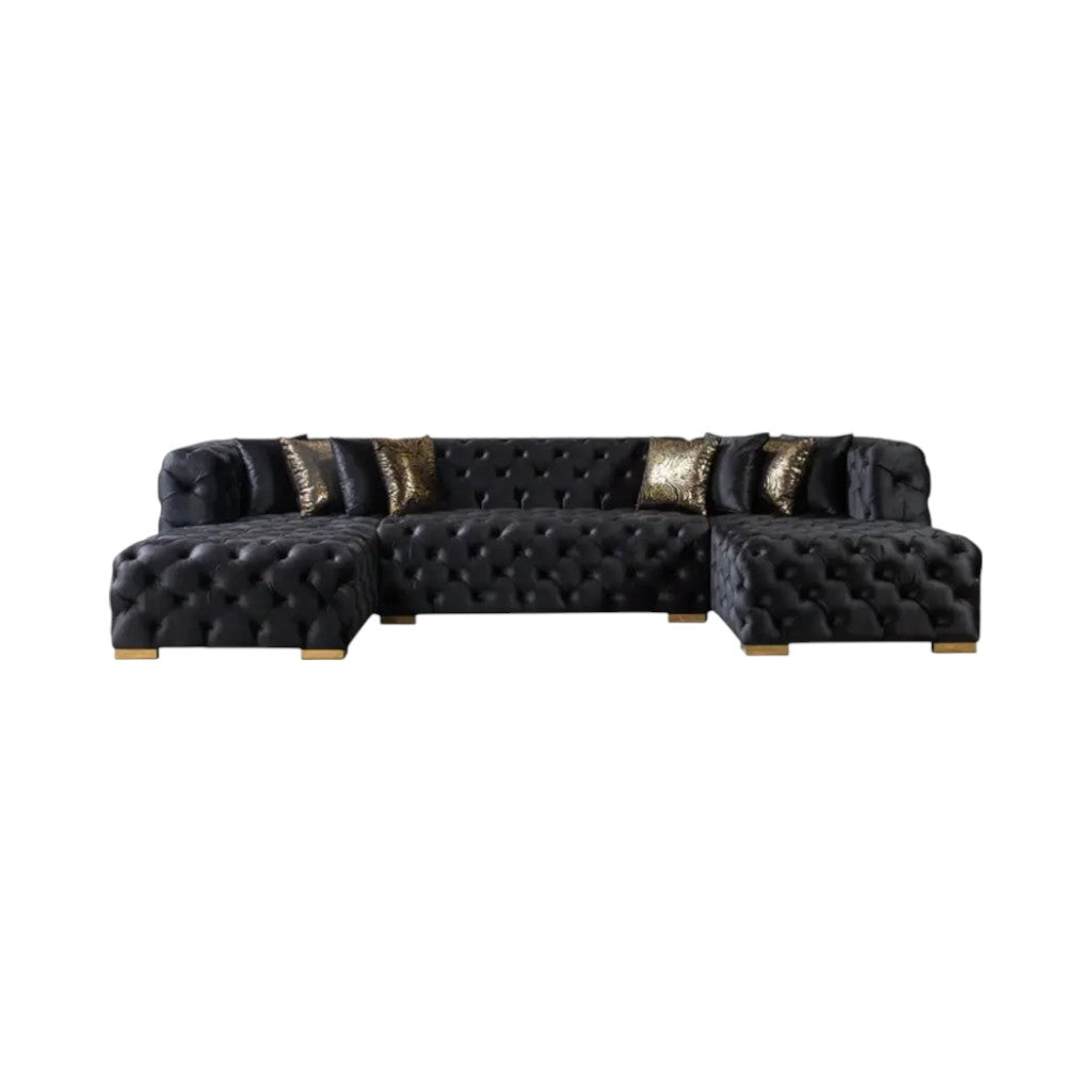 Tufted Black Velvet Modular U Shaped Sofa and Chaise Sectional With Toss Pillows-0