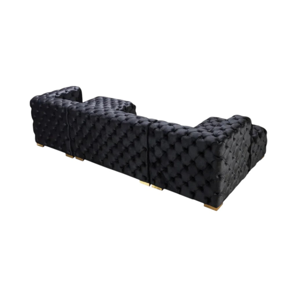 Tufted Black Velvet Modular U Shaped Sofa and Chaise Sectional With Toss Pillows-2