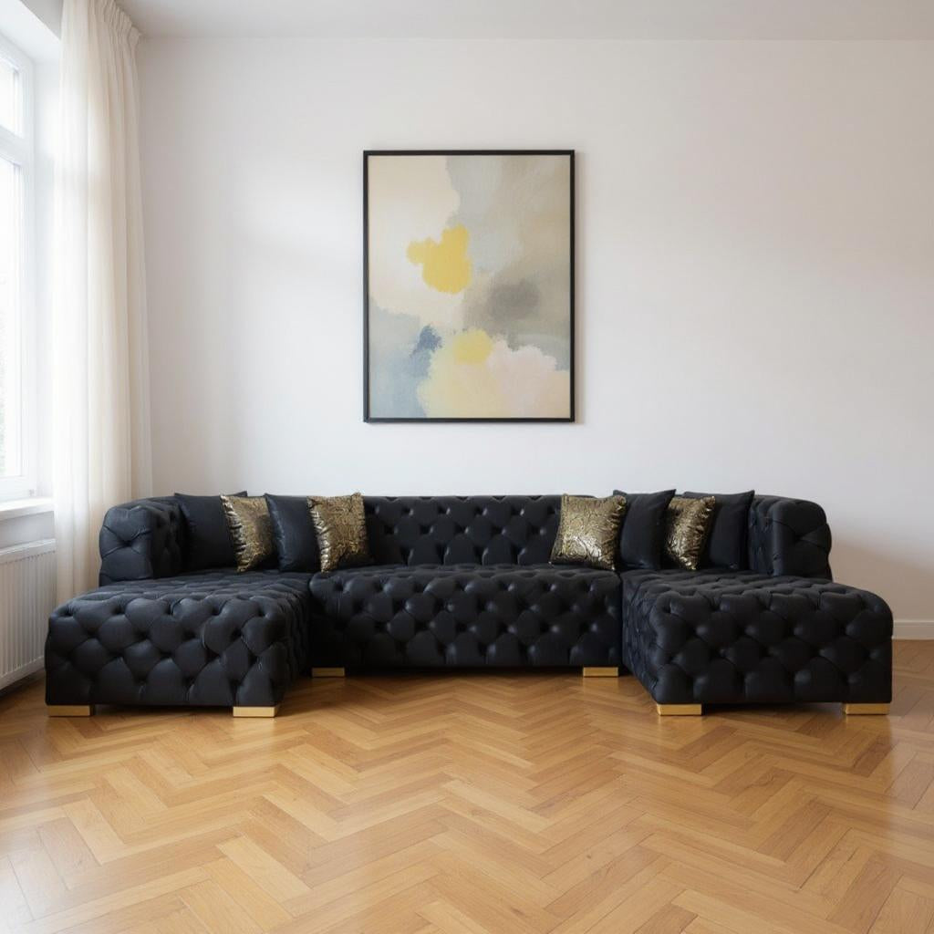 Tufted Black Velvet Modular U Shaped Sofa and Chaise Sectional With Toss Pillows-1
