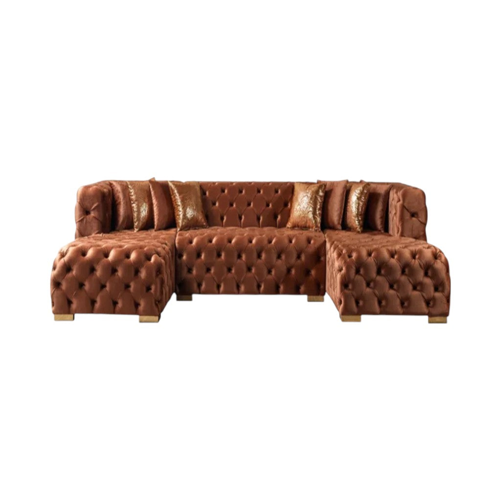 Tufted Orange Velvet Modular U Shaped Sofa and Chaise Sectional With Toss Pillows-0