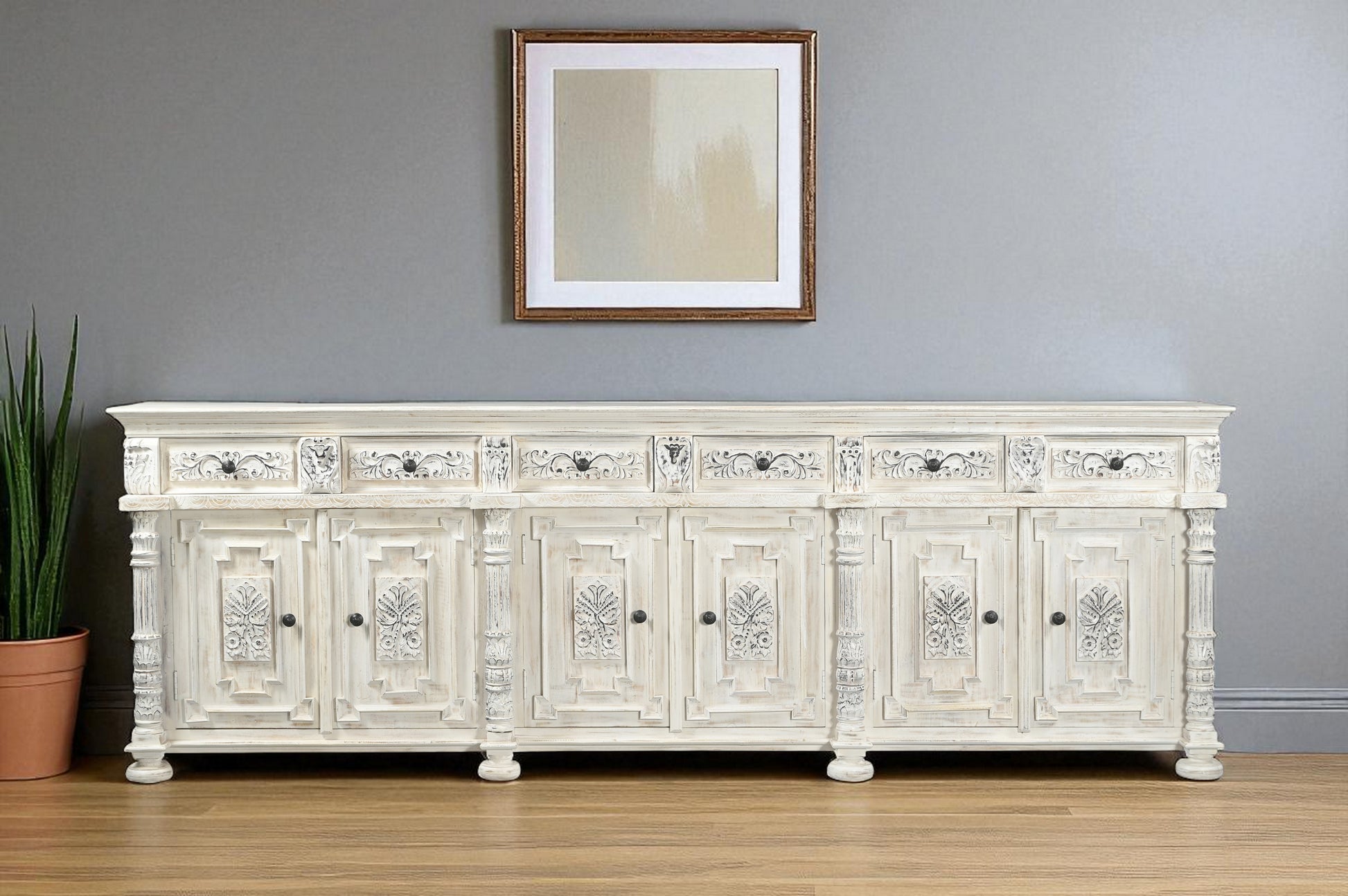 118" White Distressed Solid Wood Carved Floral Six Drawer Sideboard with Six Doors-Sideboards-DECOROLALA