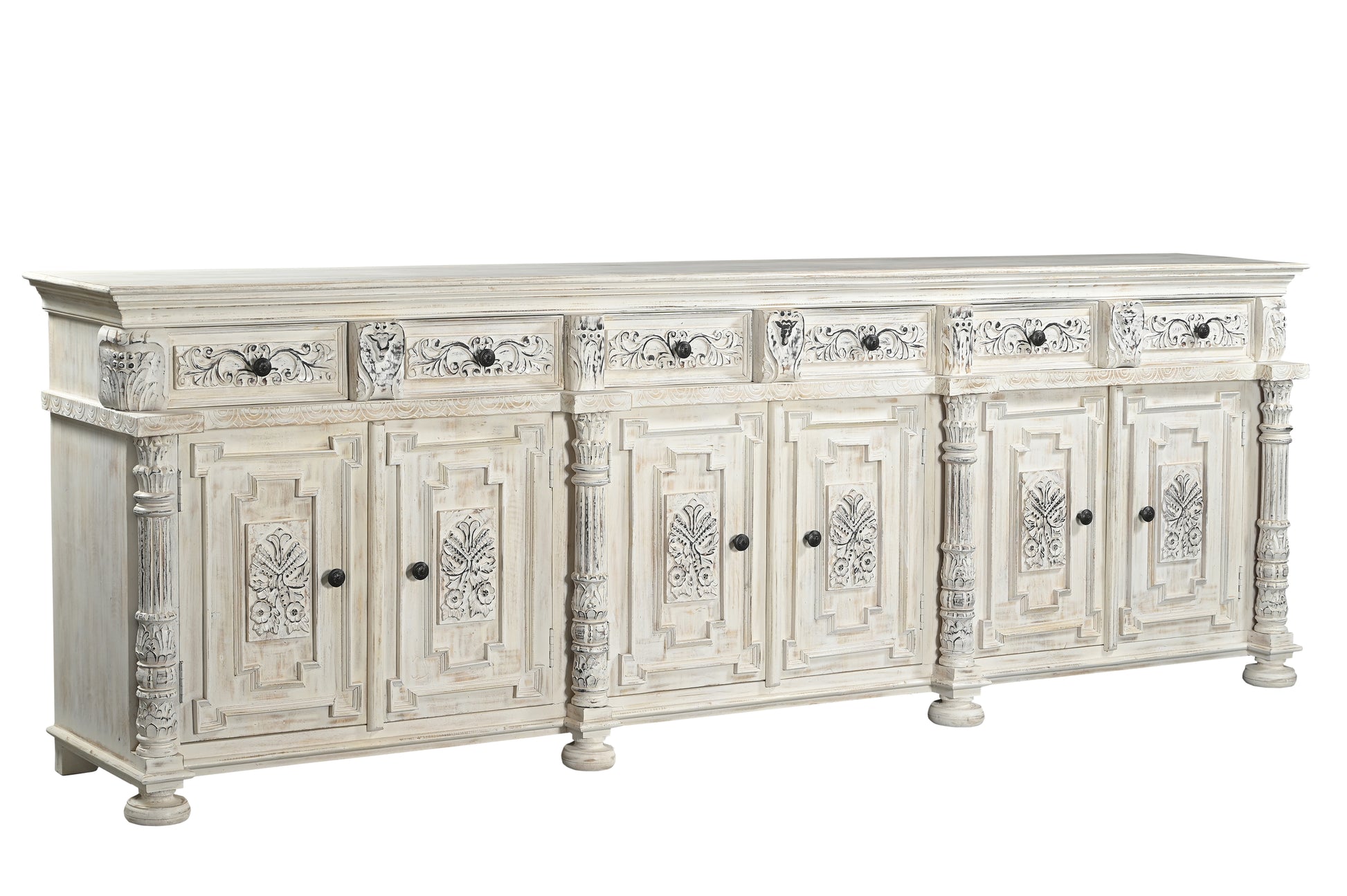 118" White Distressed Solid Wood Carved Floral Six Drawer Sideboard with Six Doors-Sideboards-DECOROLALA