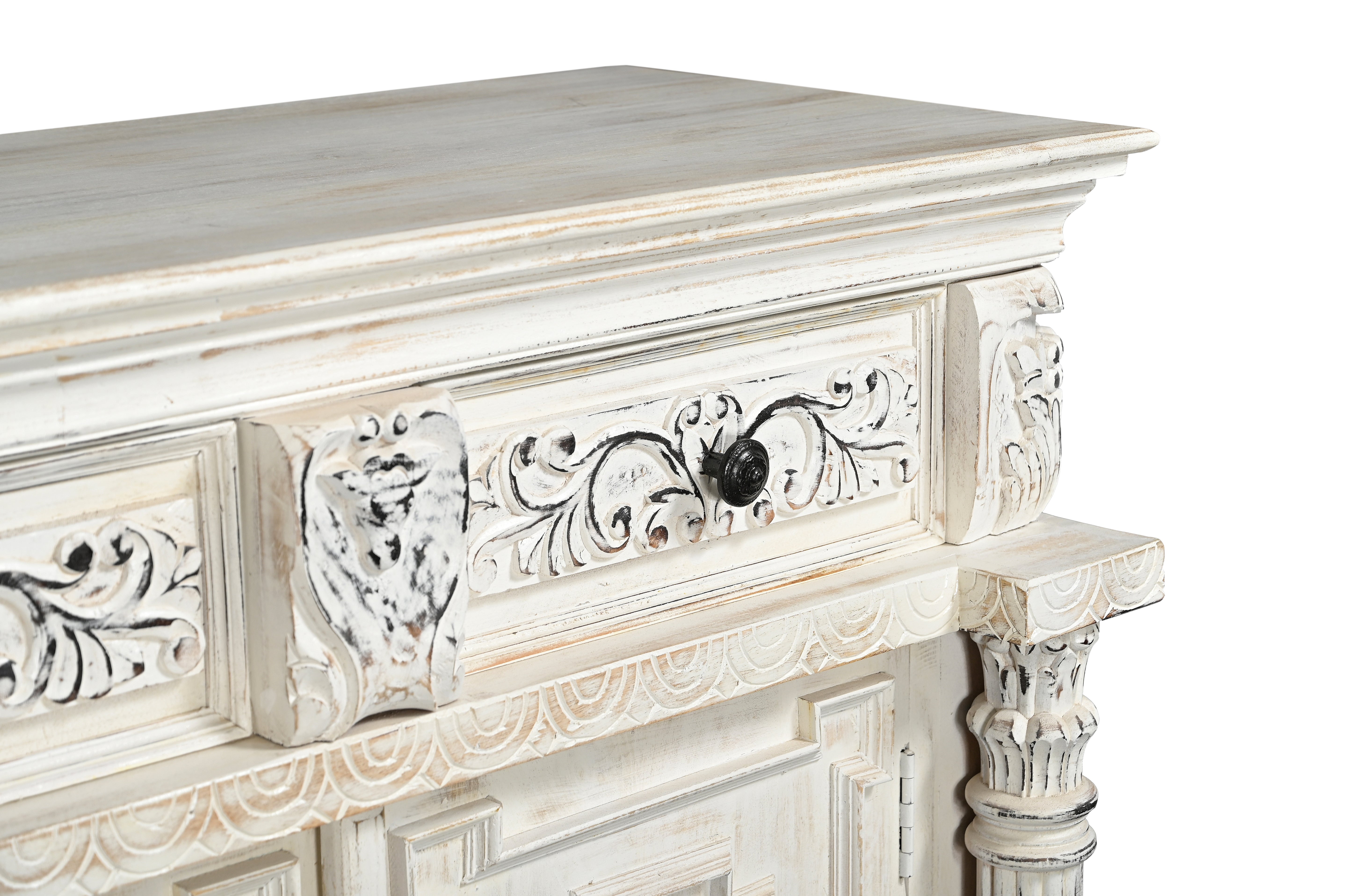 118" White Distressed Solid Wood Carved Floral Six Drawer Sideboard with Six Doors-Sideboards-DECOROLALA