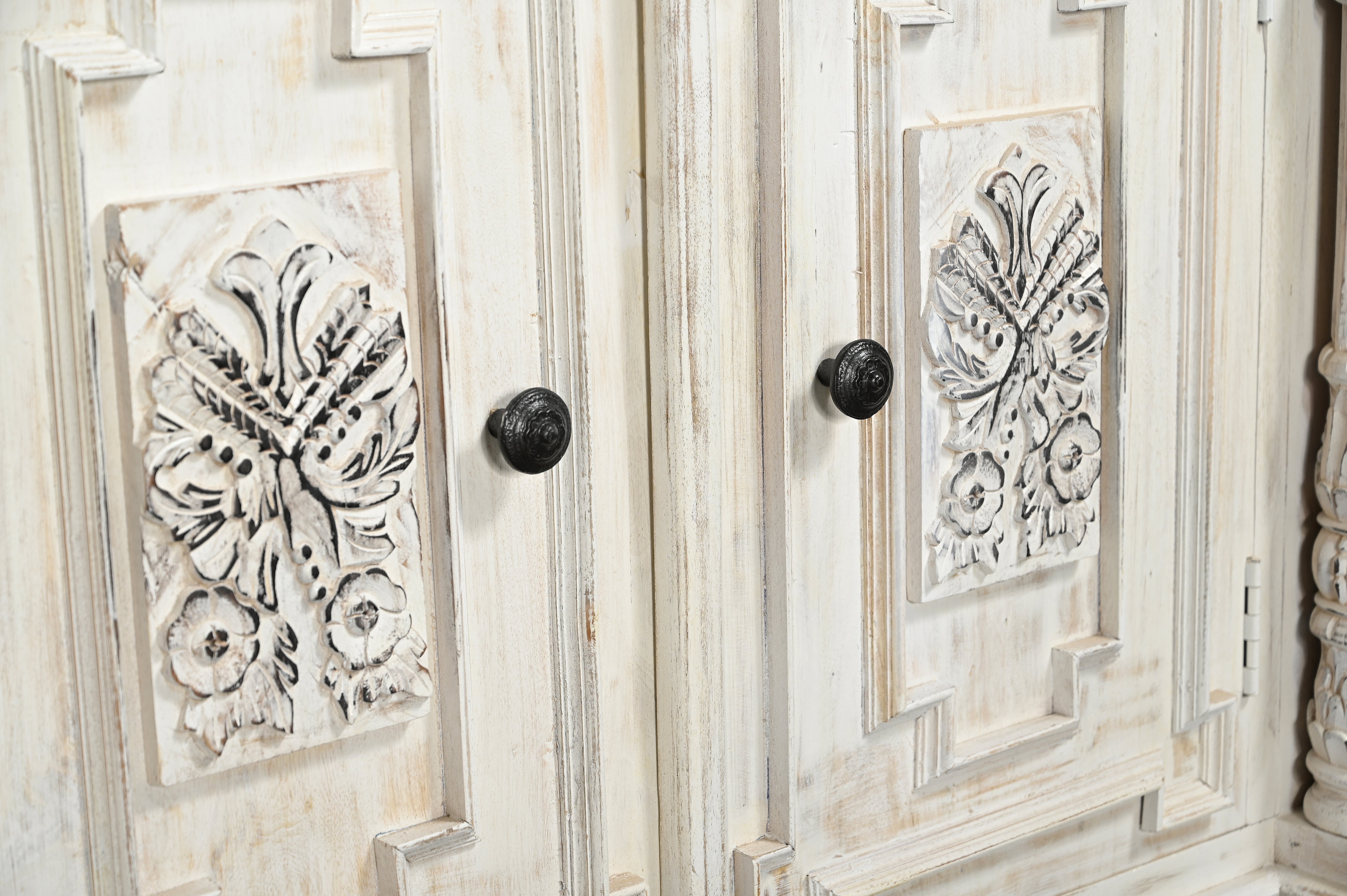 118" White Distressed Solid Wood Carved Floral Six Drawer Sideboard with Six Doors-Sideboards-DECOROLALA