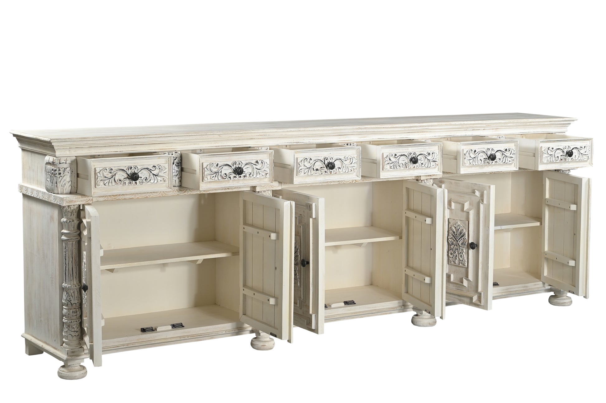 118" White Distressed Solid Wood Carved Floral Six Drawer Sideboard with Six Doors-Sideboards-DECOROLALA