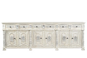 118" White Distressed Solid Wood Carved Floral Six Drawer Sideboard with Six Doors-Sideboards-DECOROLALA