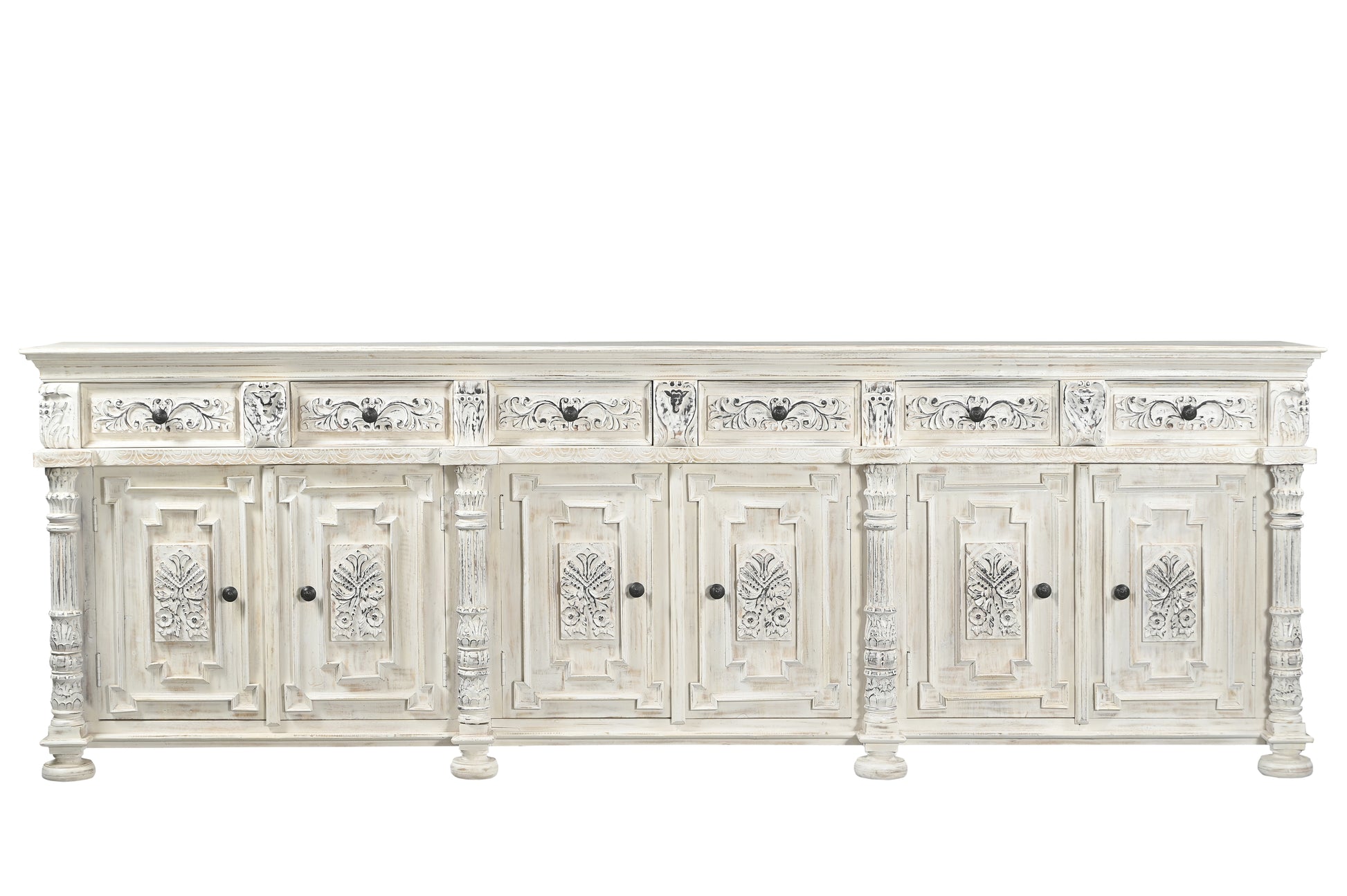 118" White Distressed Solid Wood Carved Floral Six Drawer Sideboard with Six Doors-Sideboards-DECOROLALA