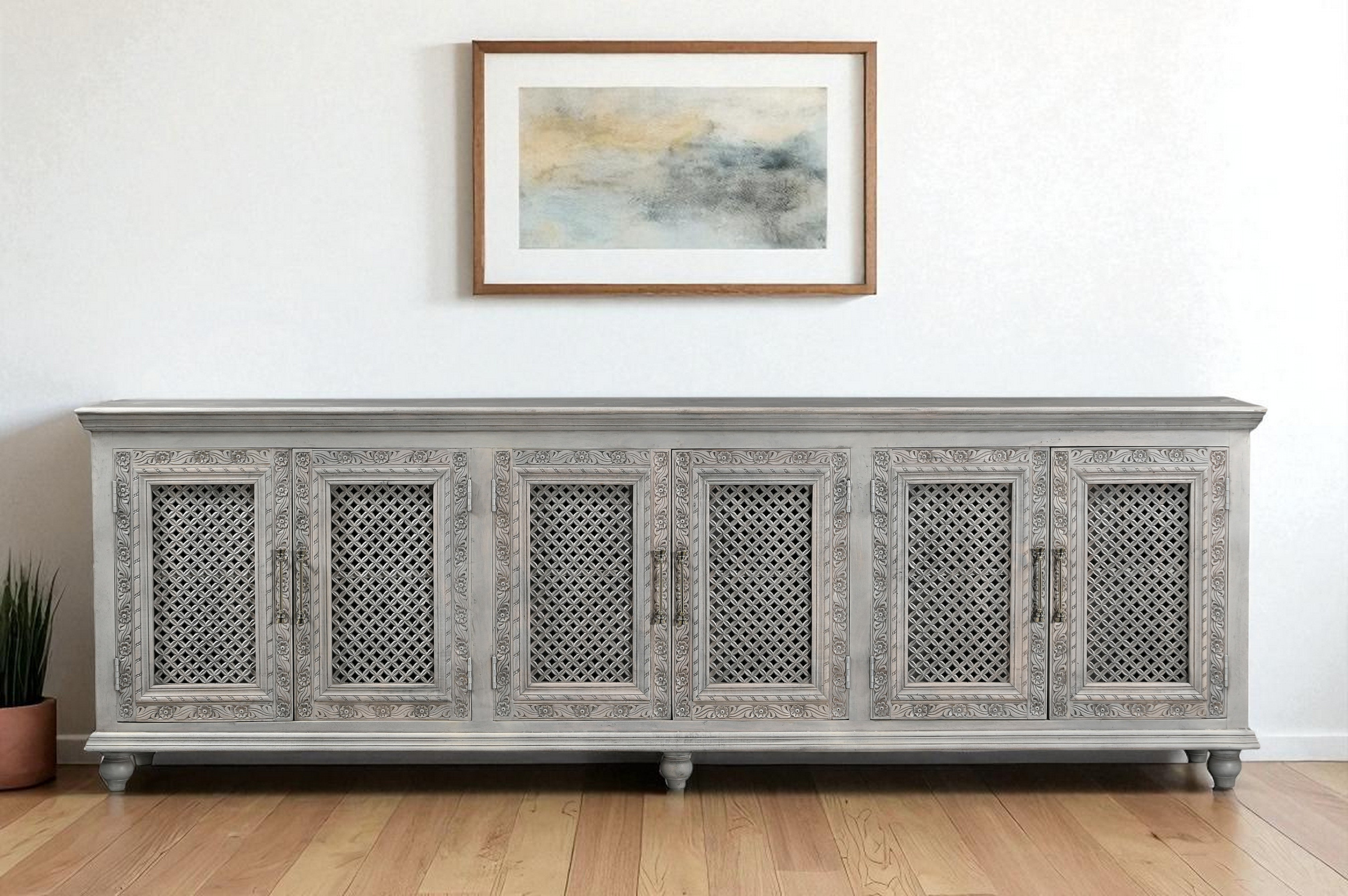 111" Gray Distressed Solid Wood Carved Floral Sideboard with Six Doors-Sideboards-DECOROLALA