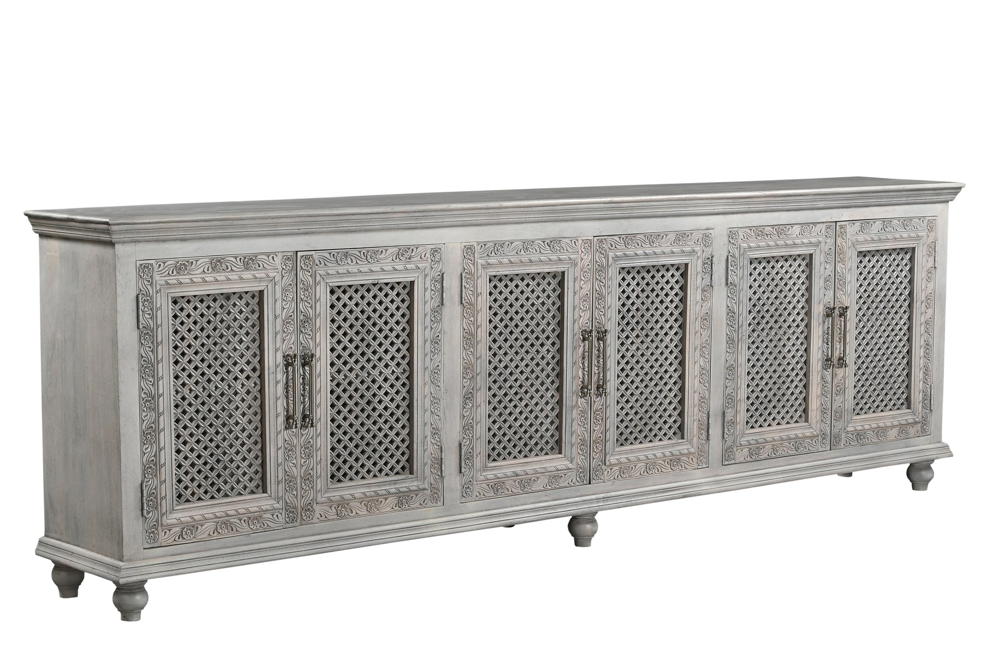 111" Gray Distressed Solid Wood Carved Floral Sideboard with Six Doors-Sideboards-DECOROLALA