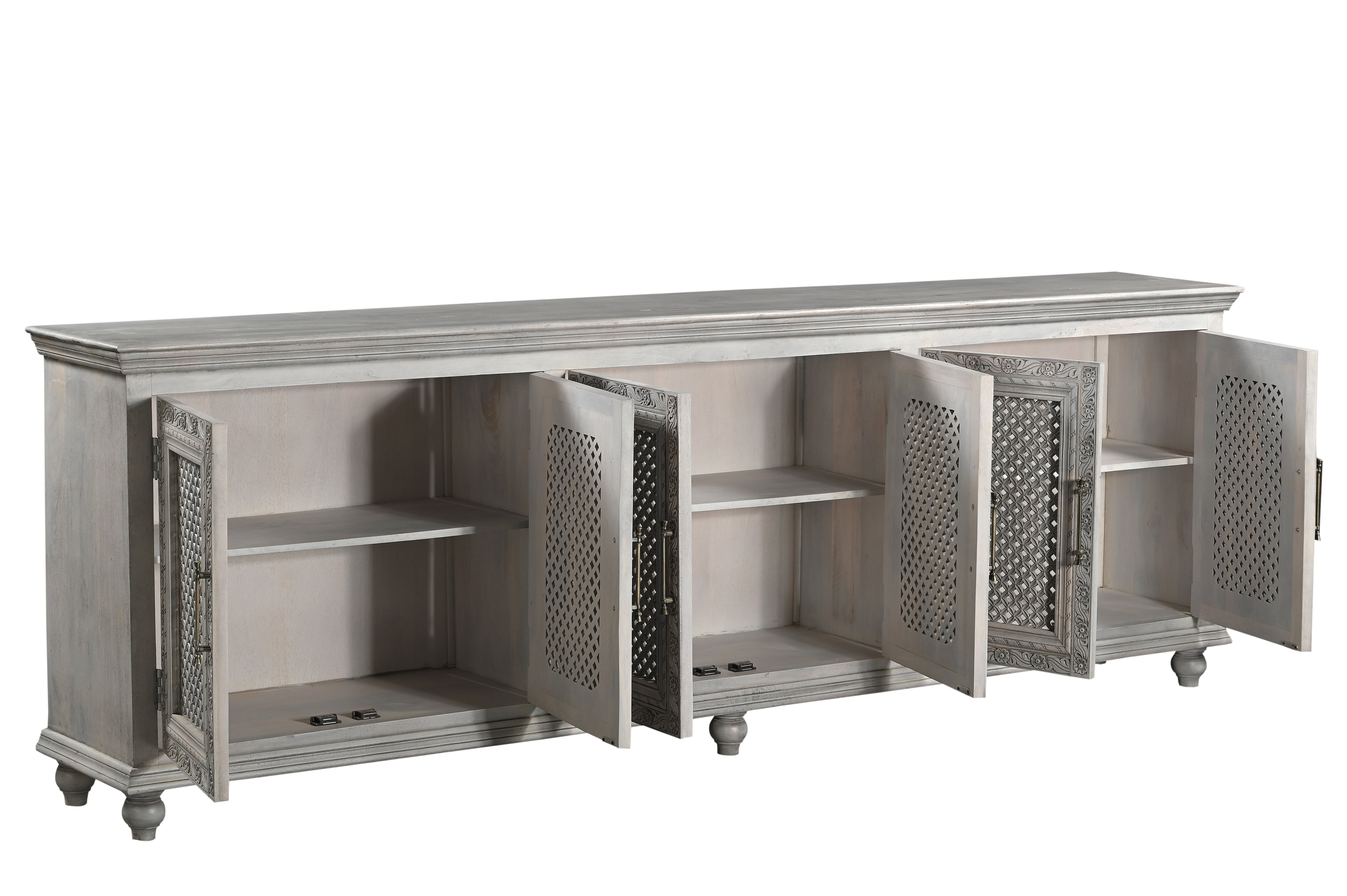 111" Gray Distressed Solid Wood Carved Floral Sideboard with Six Doors-Sideboards-DECOROLALA
