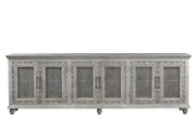111" Gray Distressed Solid Wood Carved Floral Sideboard with Six Doors-Sideboards-DECOROLALA