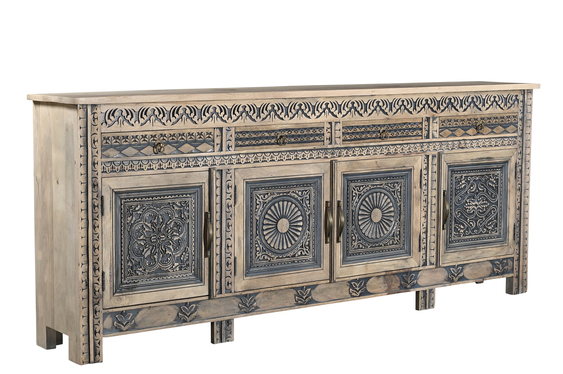 102" Natural And Black Distressed Solid Wood Carved Geometric Four Drawer Sideboard with Four Doors-Sideboards-DECOROLALA