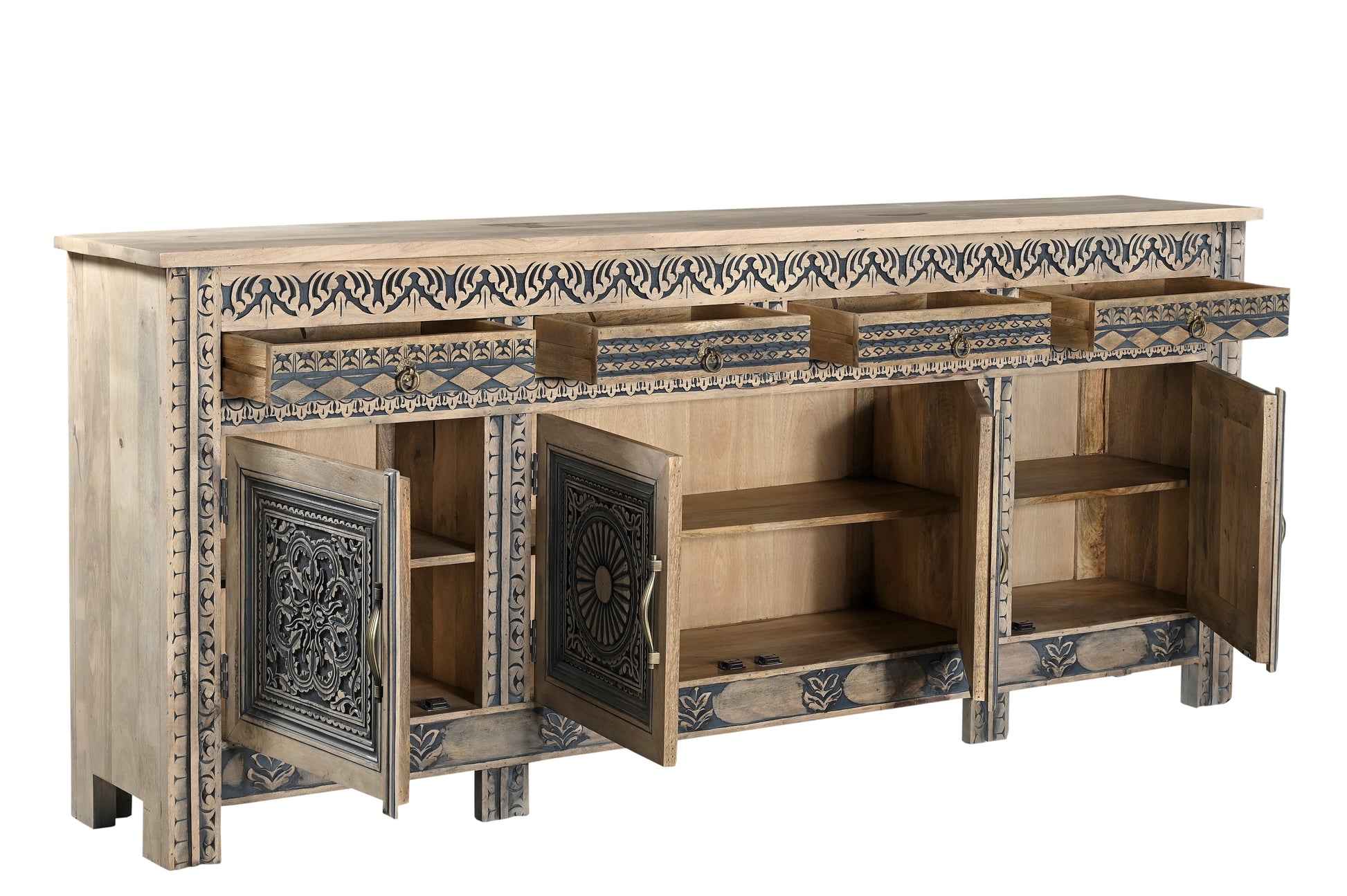 102" Natural And Black Distressed Solid Wood Carved Geometric Four Drawer Sideboard with Four Doors-Sideboards-DECOROLALA