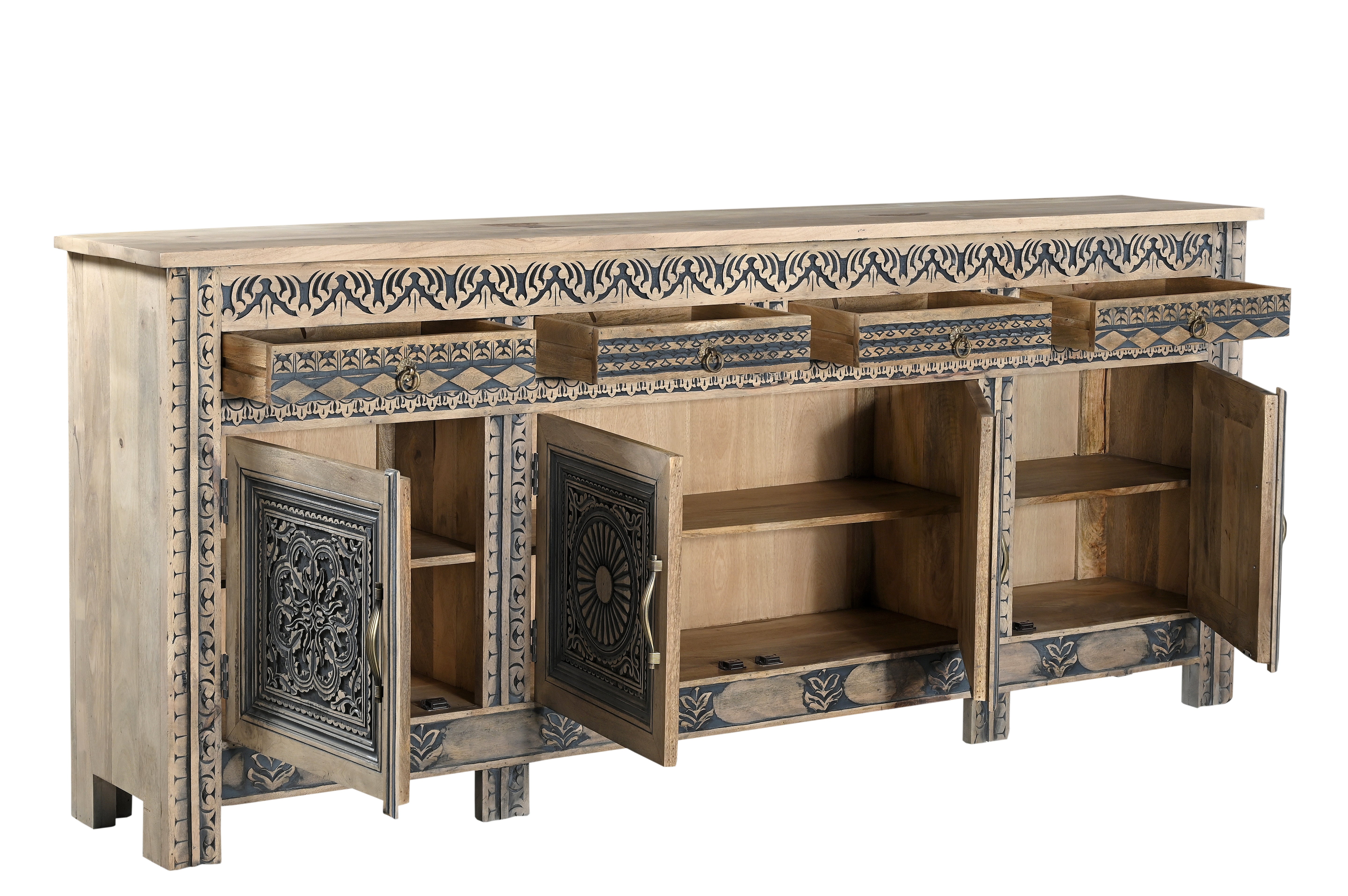 102" Natural And Black Distressed Solid Wood Carved Geometric Four Drawer Sideboard with Four Doors-Sideboards-DECOROLALA