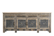 102" Natural And Black Distressed Solid Wood Carved Geometric Four Drawer Sideboard with Four Doors-Sideboards-DECOROLALA