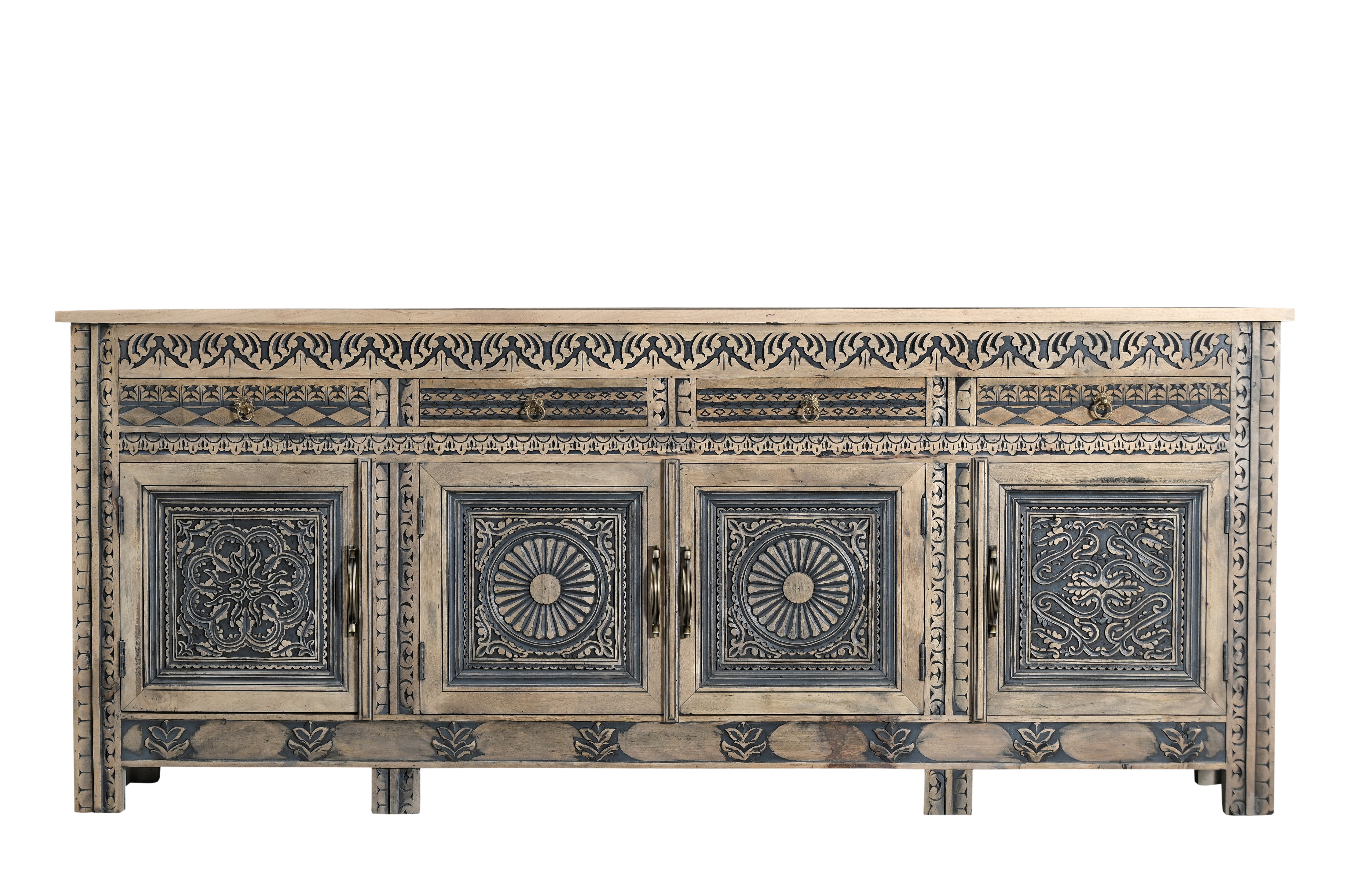 102" Natural And Black Distressed Solid Wood Carved Geometric Four Drawer Sideboard with Four Doors-Sideboards-DECOROLALA