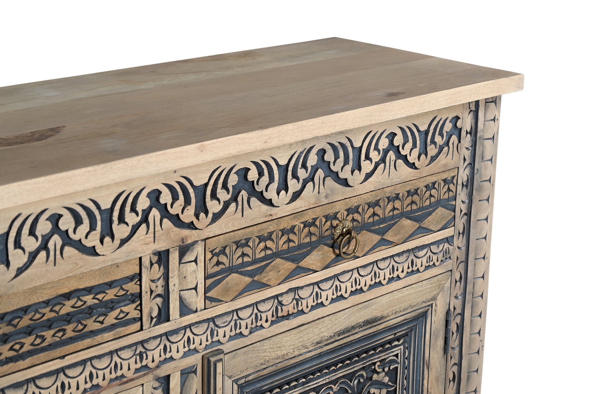 102" Natural And Black Distressed Solid Wood Carved Geometric Four Drawer Sideboard with Four Doors-Sideboards-DECOROLALA