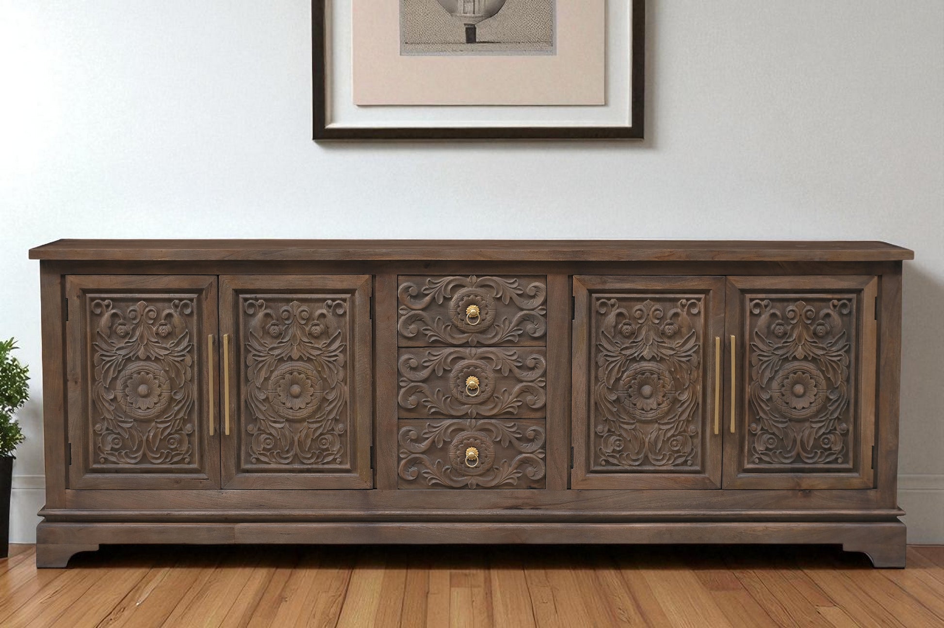 106" Brown Distressed Solid Wood Carved Floral Three Drawer Sideboard with Four Doors-Sideboards-DECOROLALA