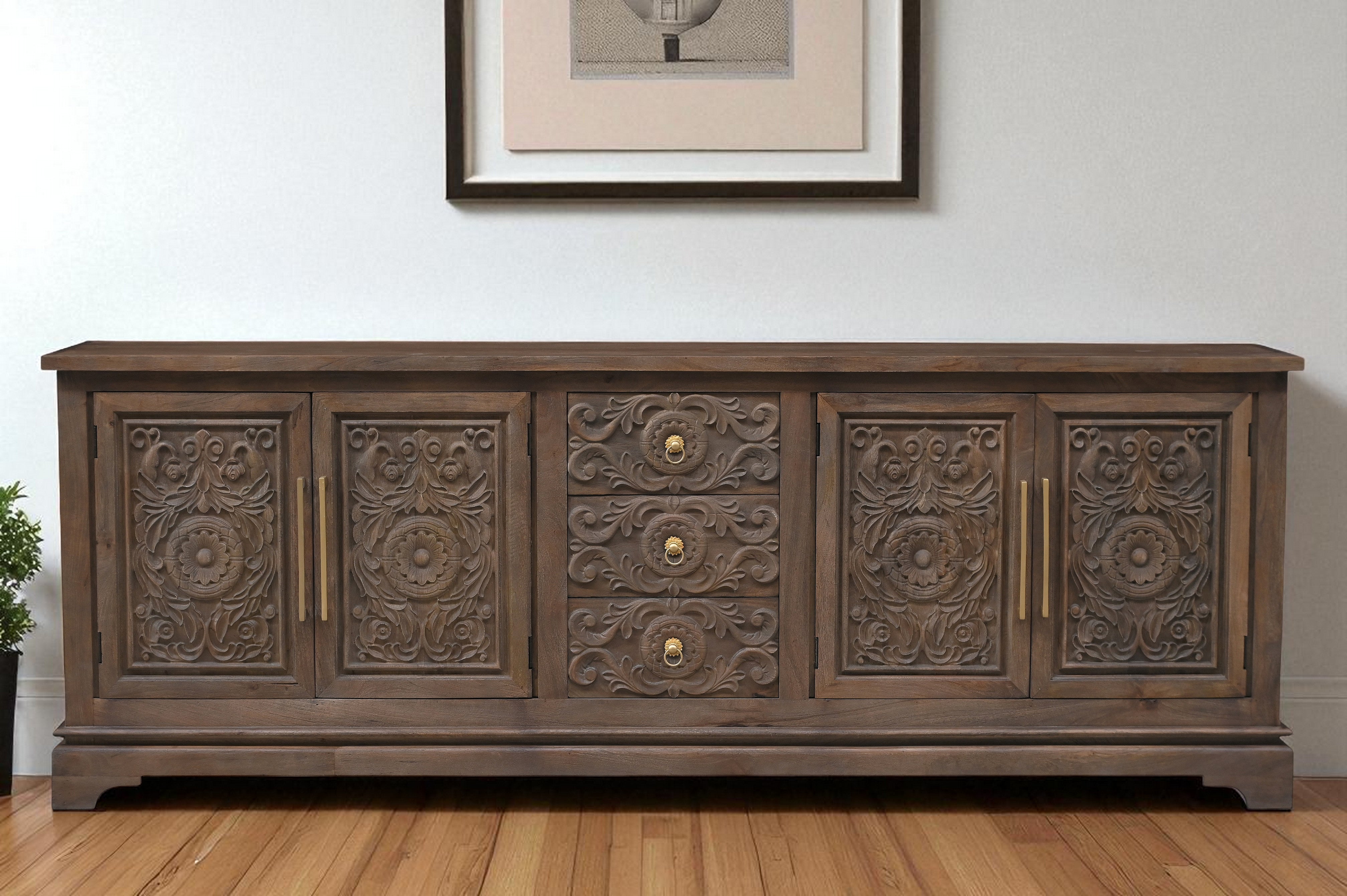 106" Brown Distressed Solid Wood Carved Floral Three Drawer Sideboard with Four Doors-Sideboards-DECOROLALA