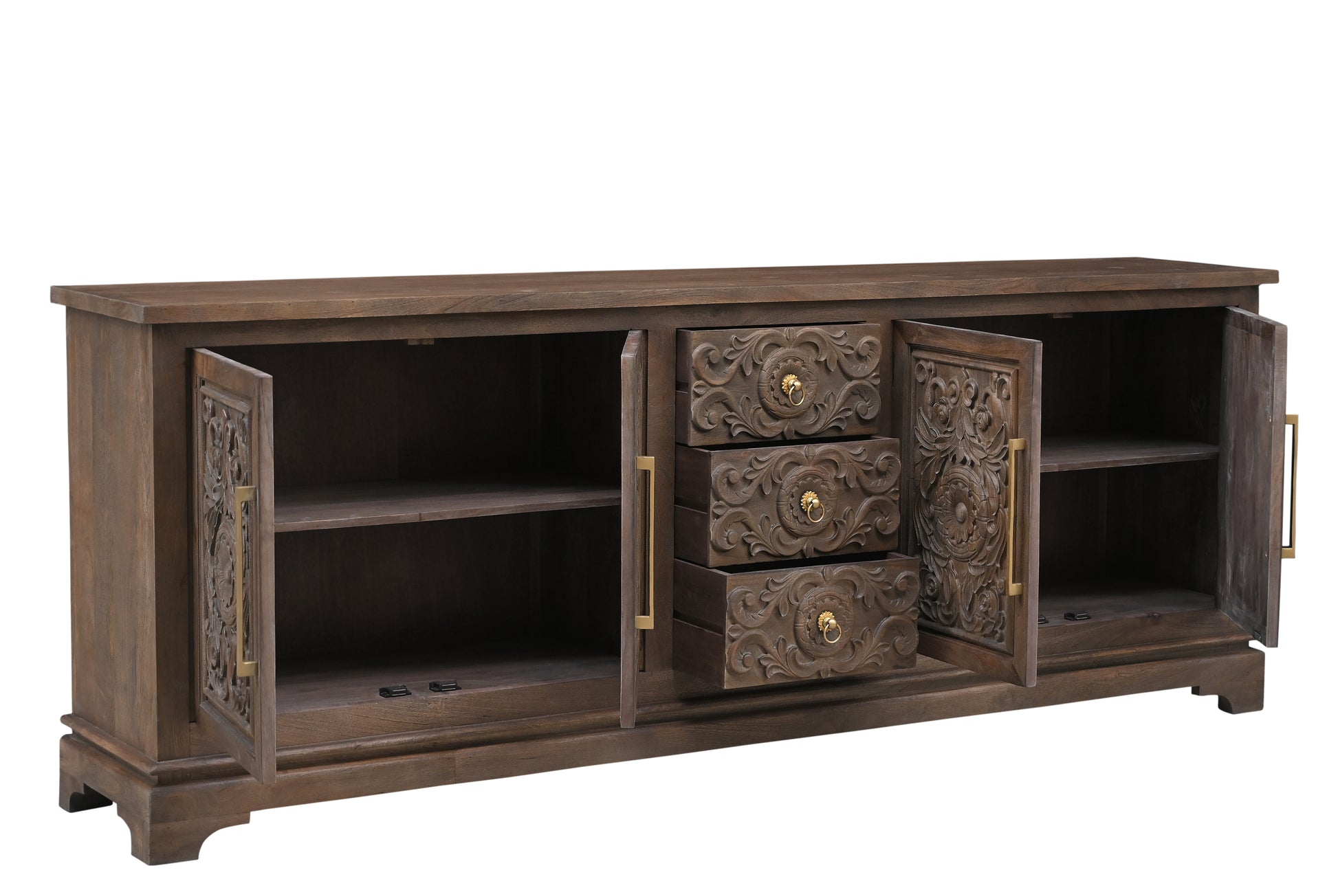 106" Brown Distressed Solid Wood Carved Floral Three Drawer Sideboard with Four Doors-Sideboards-DECOROLALA