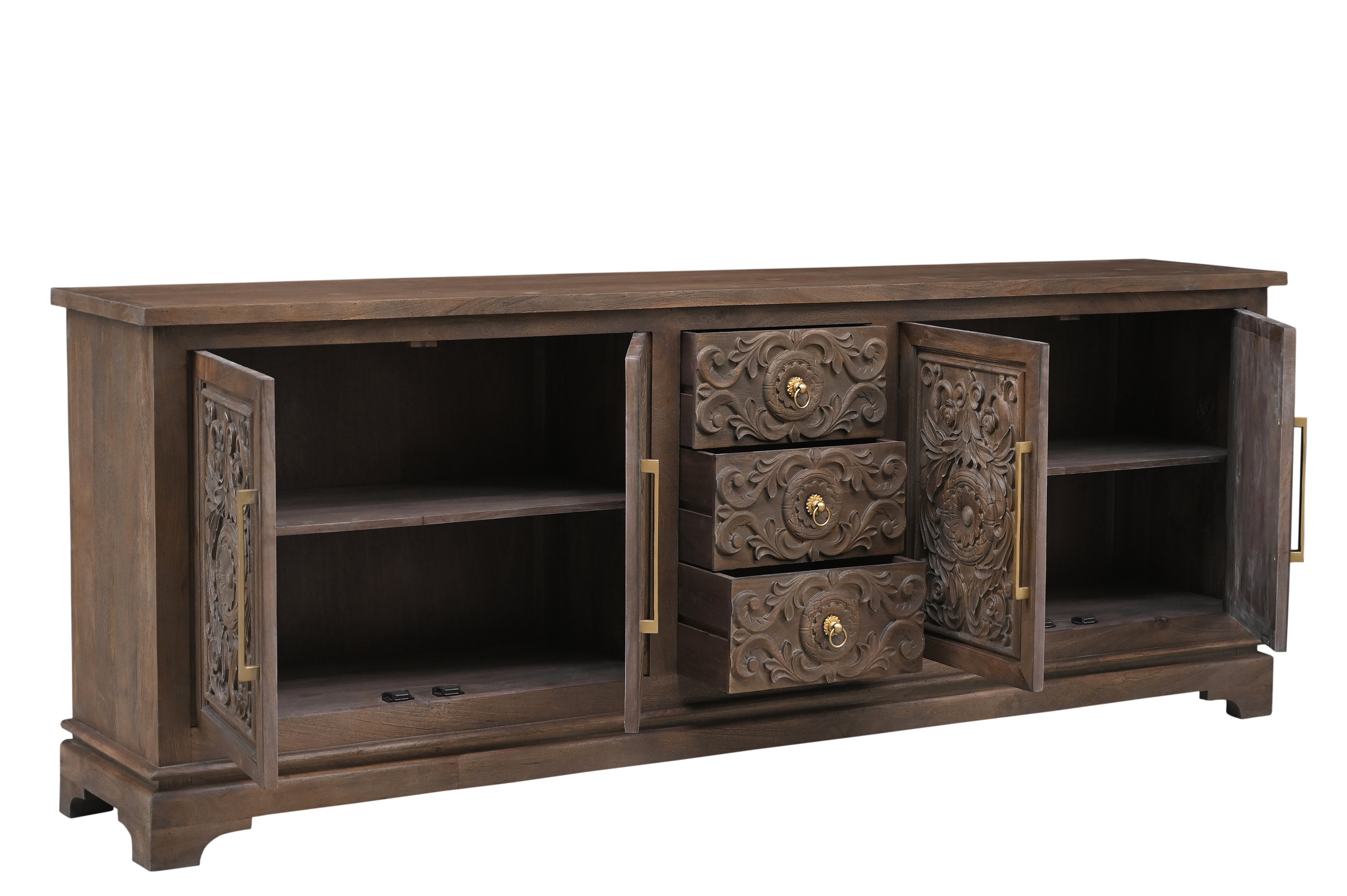 106" Brown Distressed Solid Wood Carved Floral Three Drawer Sideboard with Four Doors-Sideboards-DECOROLALA