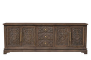106" Brown Distressed Solid Wood Carved Floral Three Drawer Sideboard with Four Doors-Sideboards-DECOROLALA