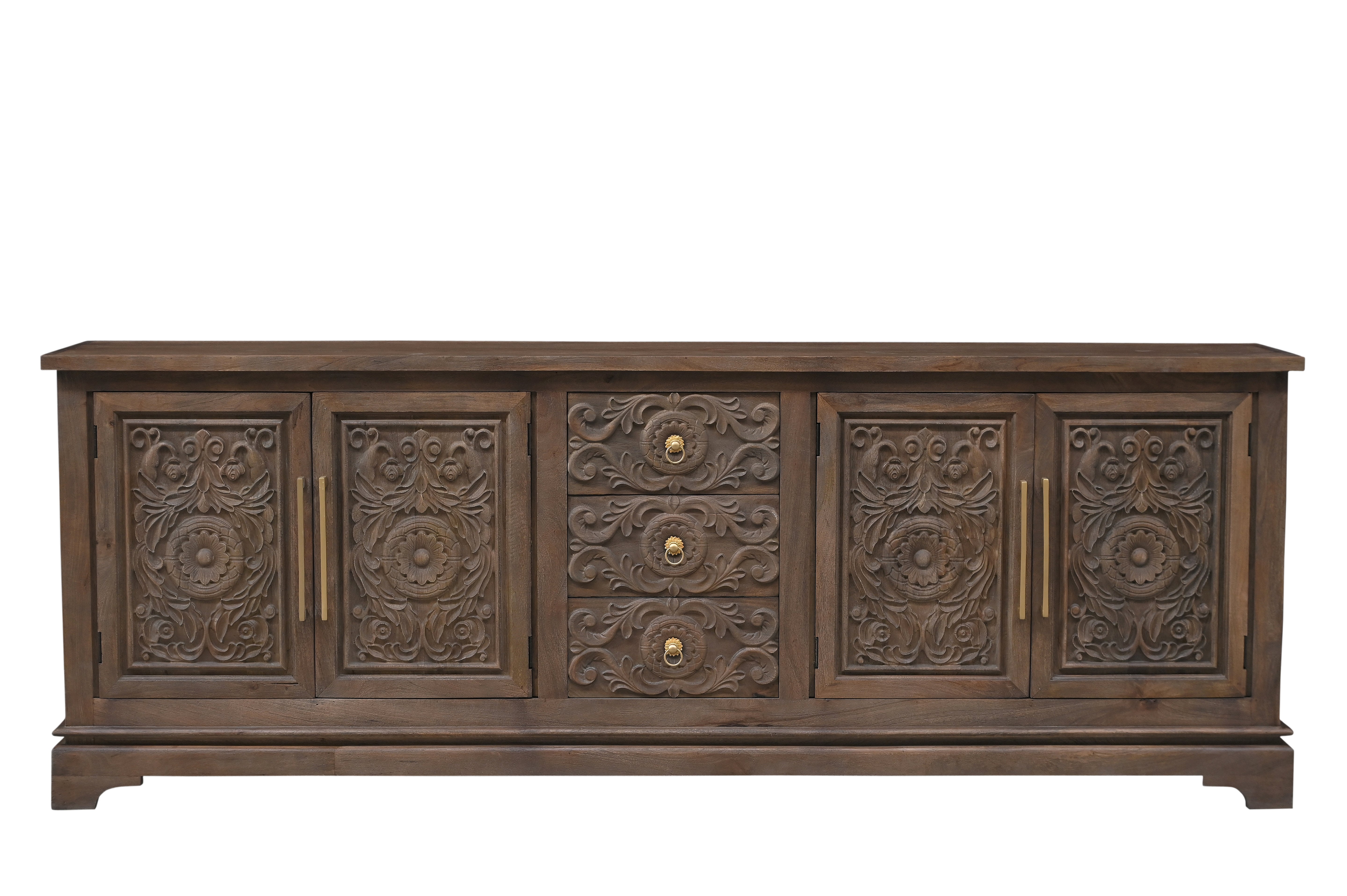 106" Brown Distressed Solid Wood Carved Floral Three Drawer Sideboard with Four Doors-Sideboards-DECOROLALA