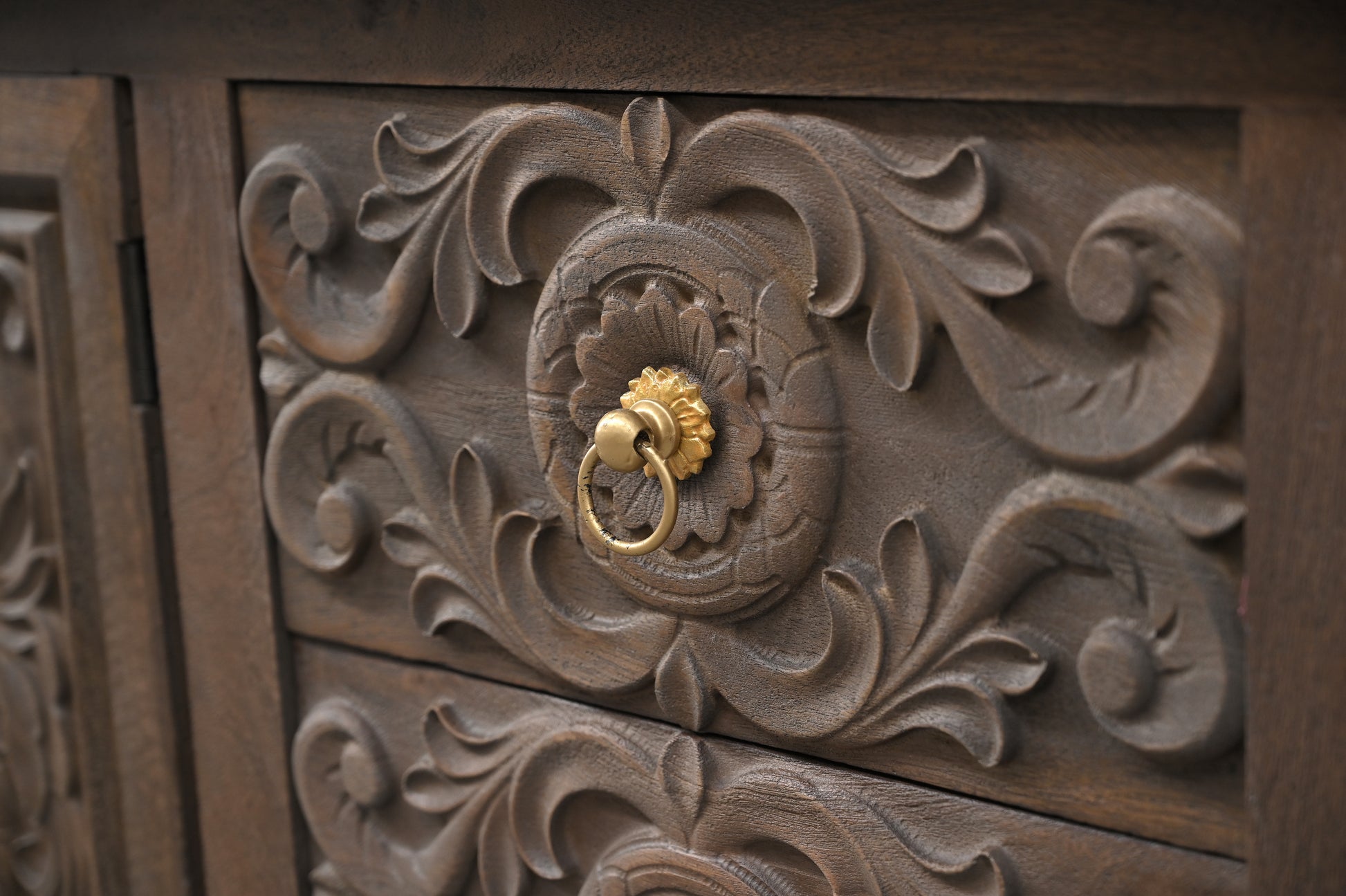 106" Brown Distressed Solid Wood Carved Floral Three Drawer Sideboard with Four Doors-Sideboards-DECOROLALA