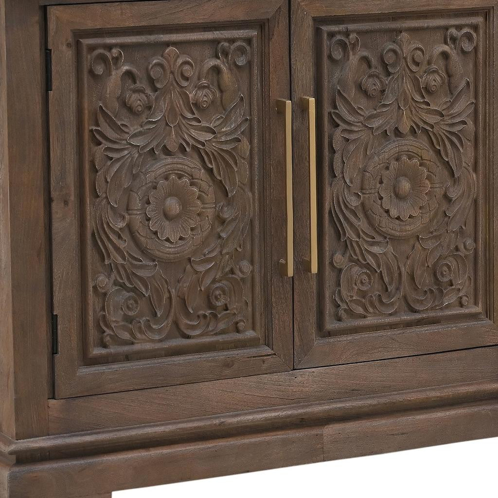 106" Brown Distressed Solid Wood Carved Floral Three Drawer Sideboard with Four Doors-Sideboards-DECOROLALA