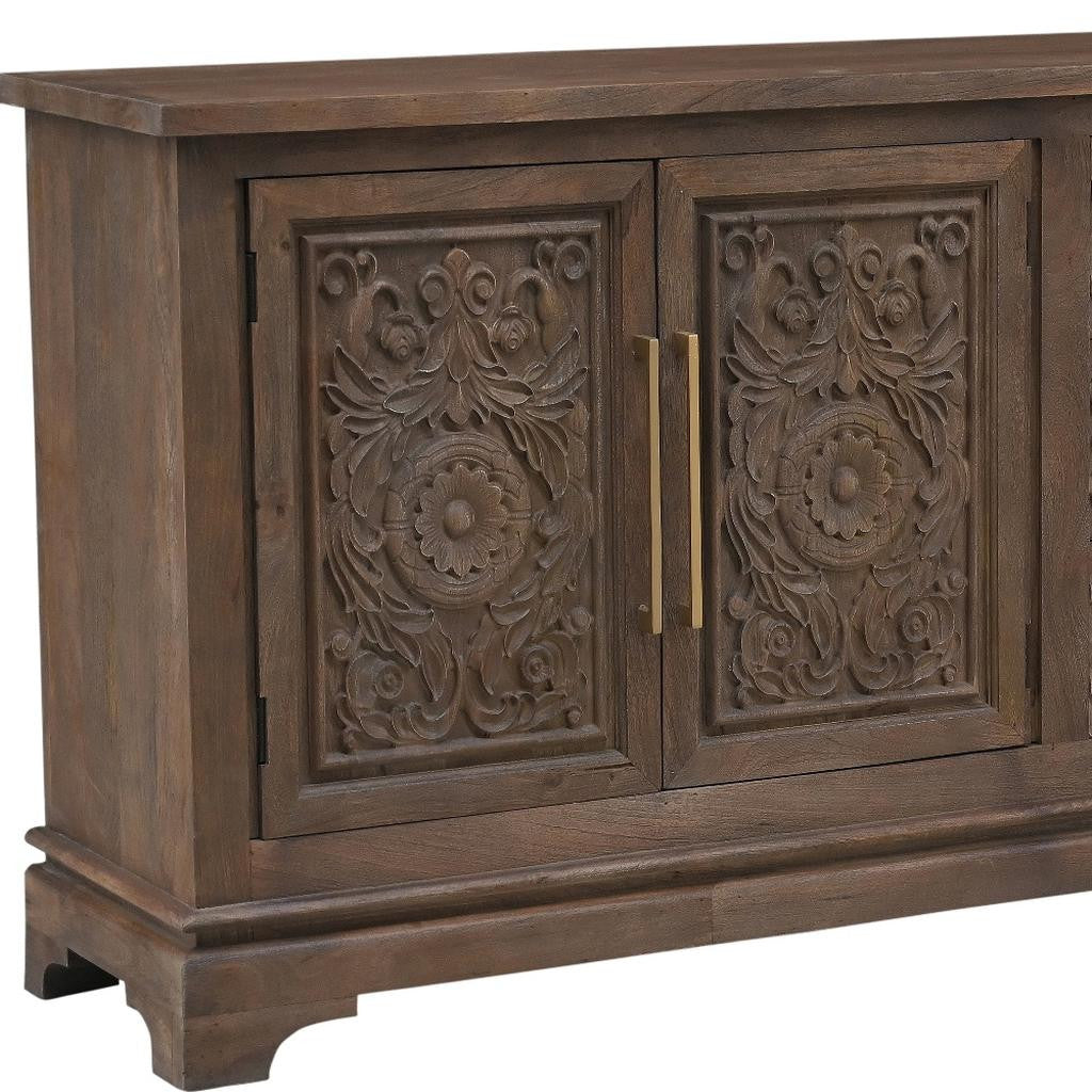 106" Brown Distressed Solid Wood Carved Floral Three Drawer Sideboard with Four Doors-Sideboards-DECOROLALA