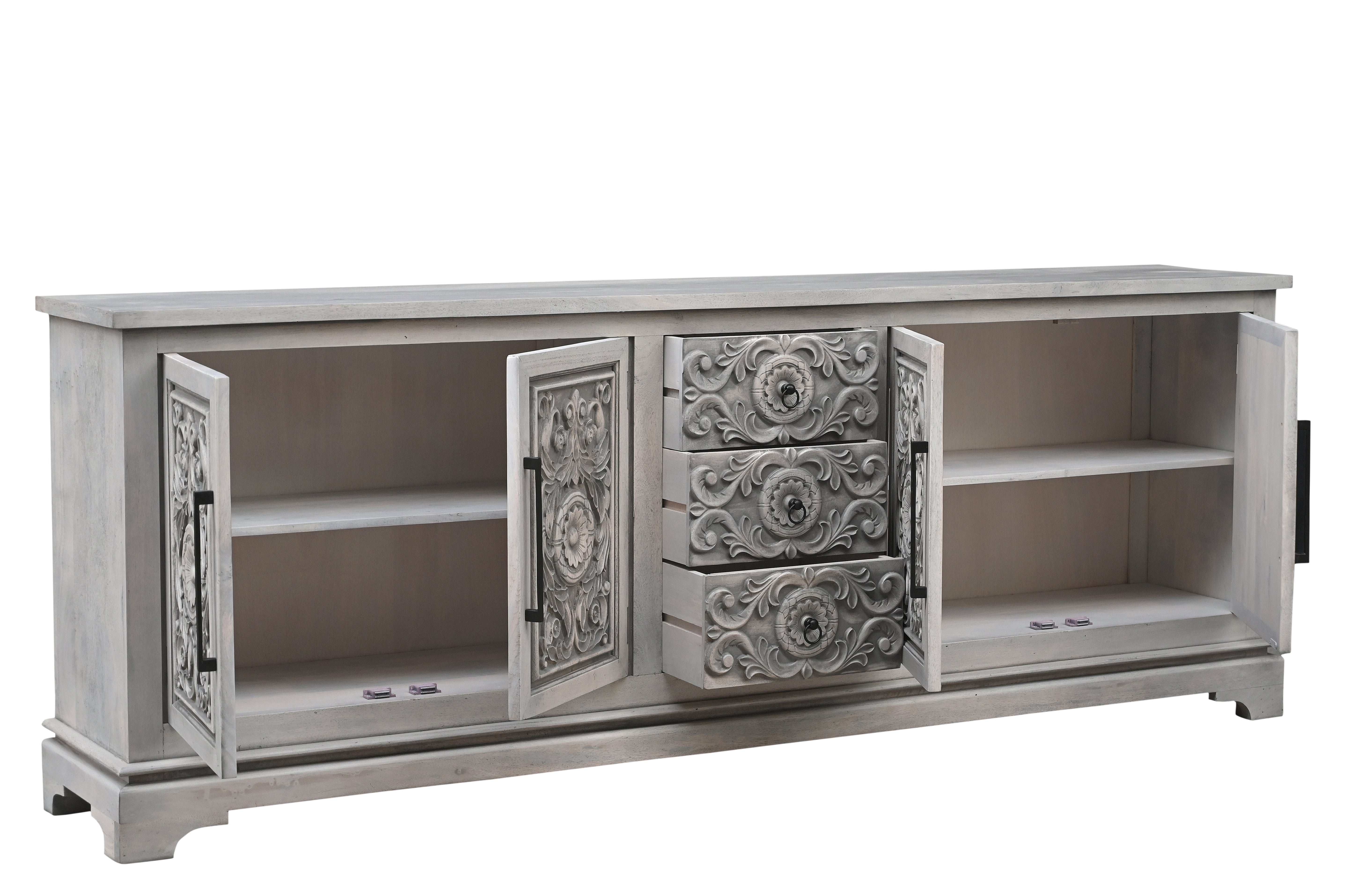 106" Gray Distressed Solid Wood Carved Floral Three Drawer Sideboard with Four Doors-Sideboards-DECOROLALA