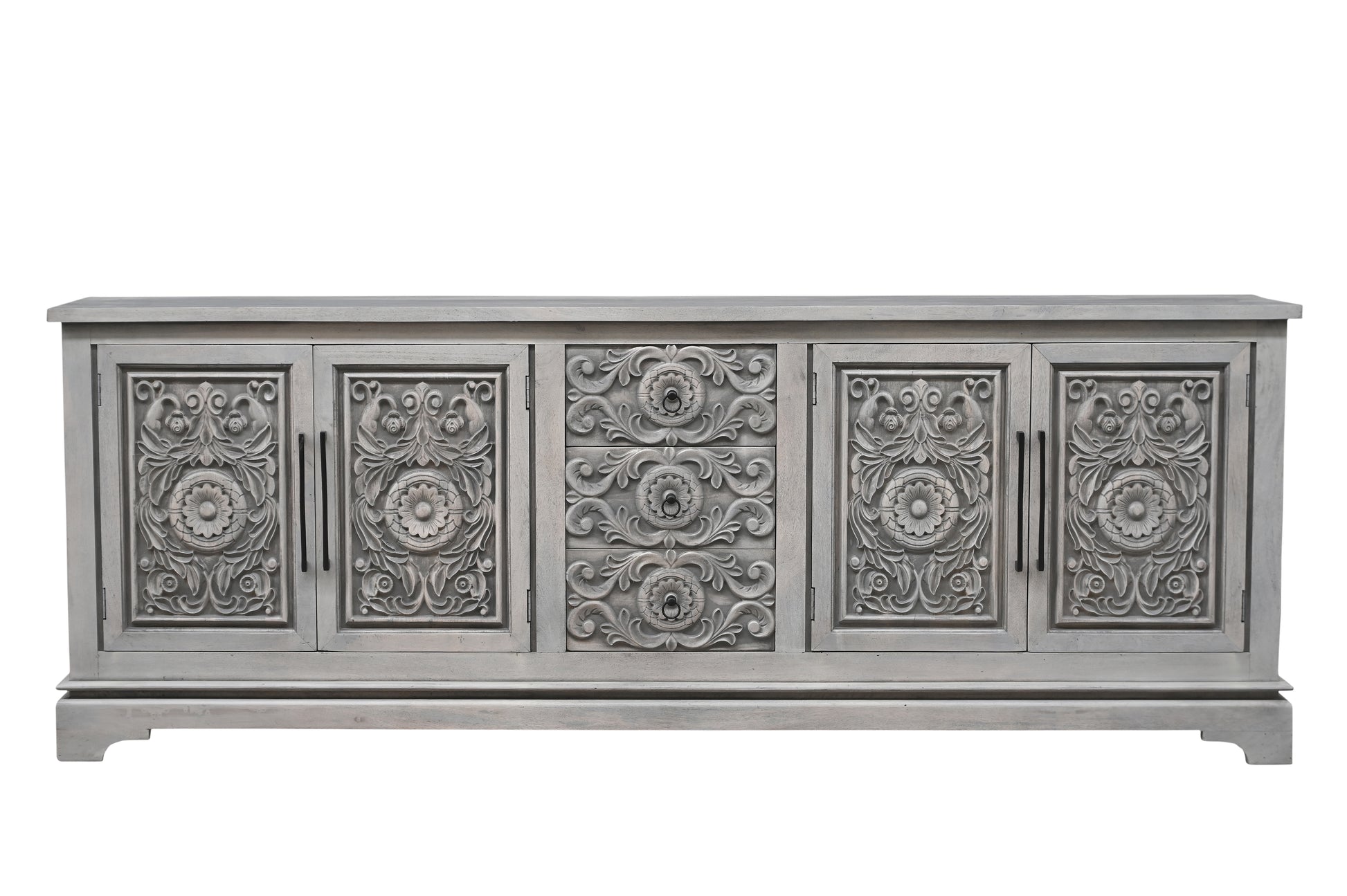 106" Gray Distressed Solid Wood Carved Floral Three Drawer Sideboard with Four Doors-Sideboards-DECOROLALA