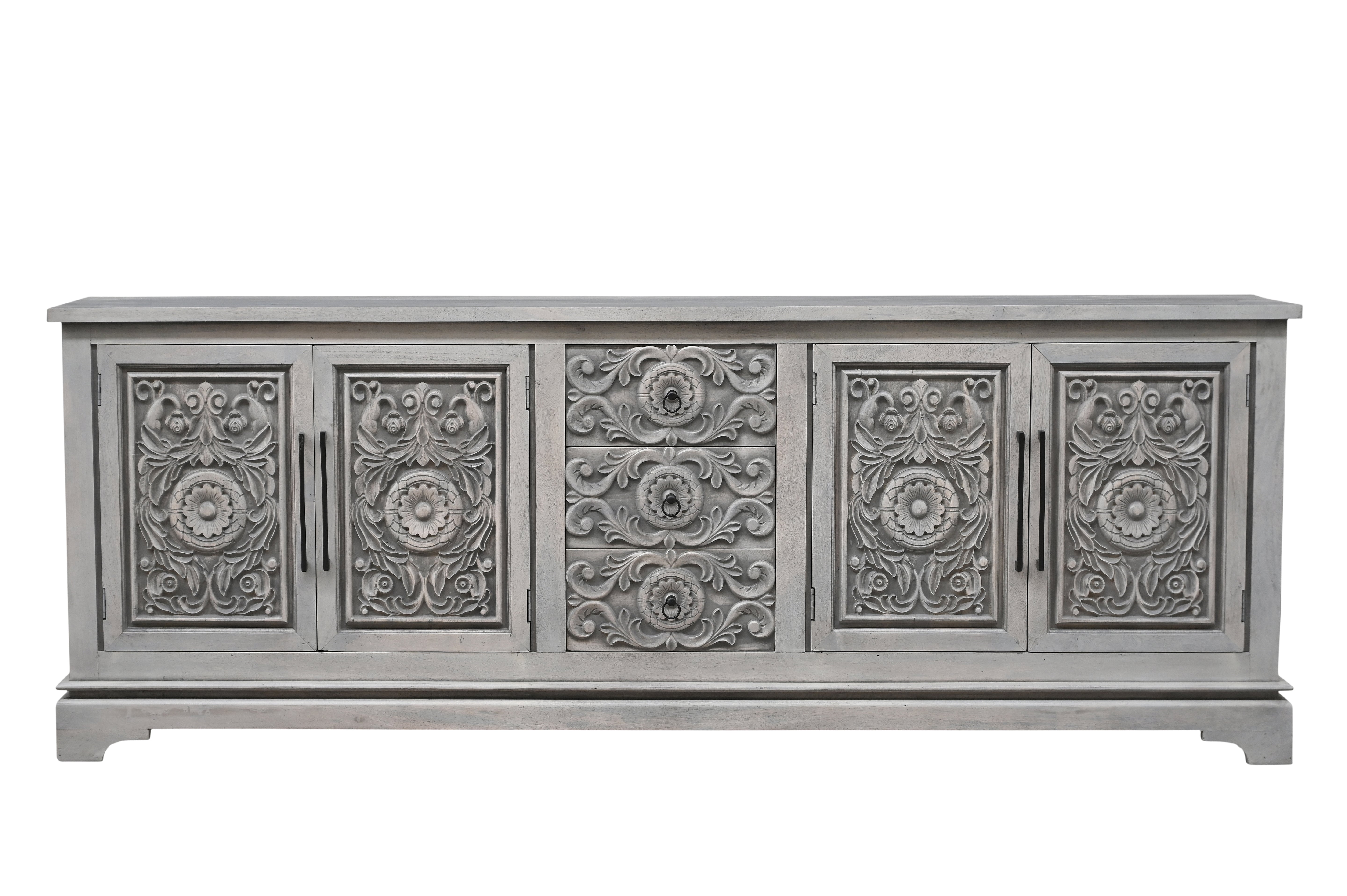 106" Gray Distressed Solid Wood Carved Floral Three Drawer Sideboard with Four Doors-Sideboards-DECOROLALA