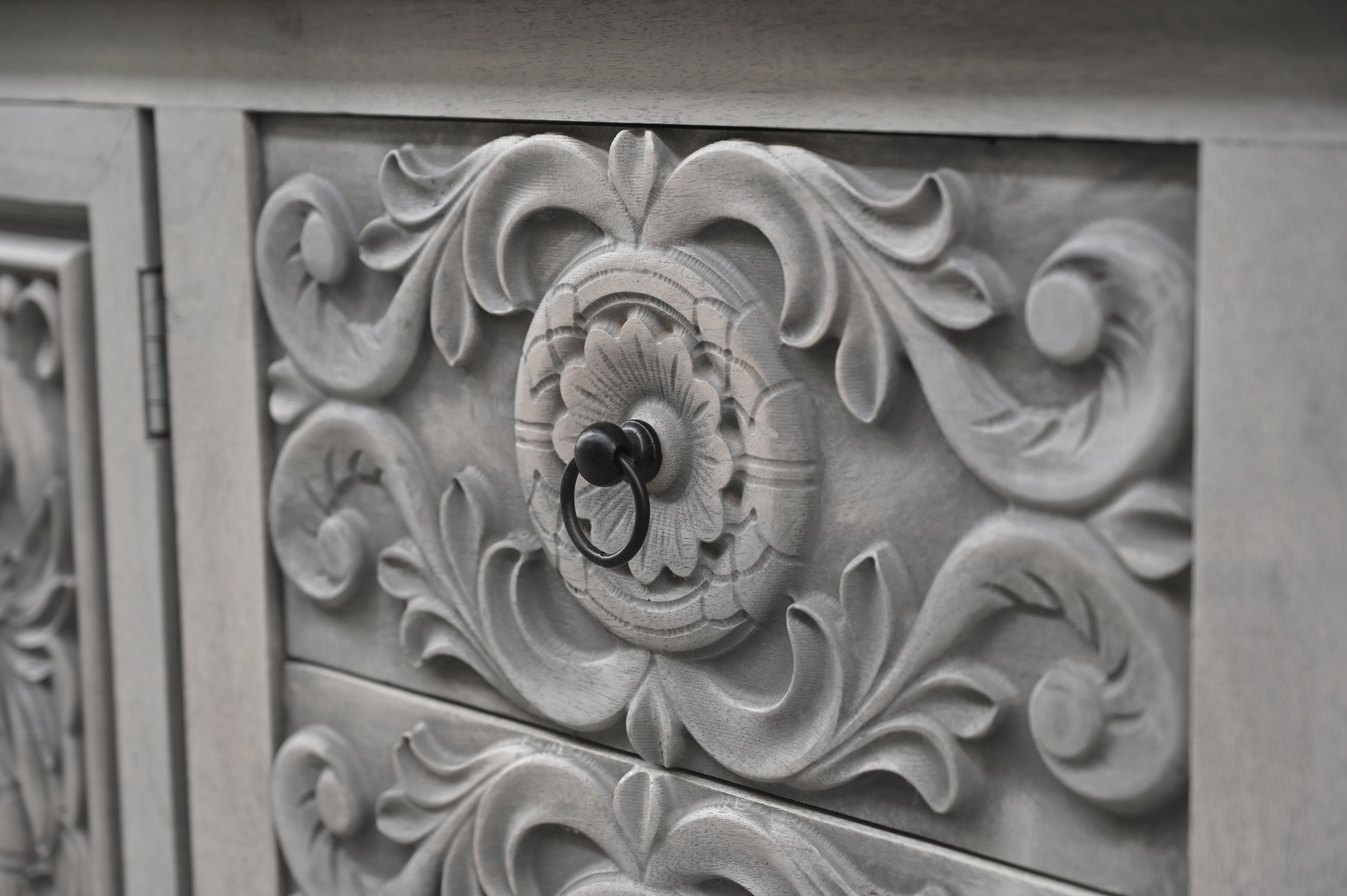 106" Gray Distressed Solid Wood Carved Floral Three Drawer Sideboard with Four Doors-Sideboards-DECOROLALA