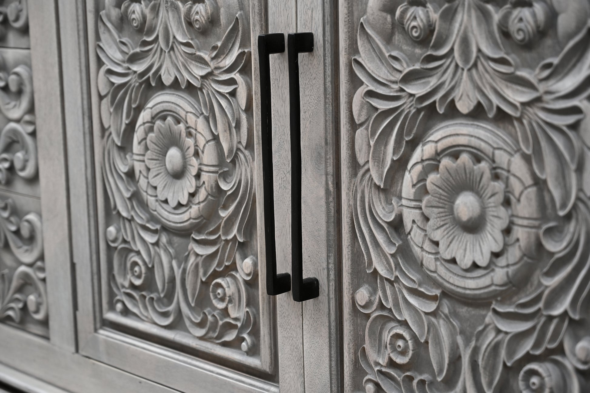 106" Gray Distressed Solid Wood Carved Floral Three Drawer Sideboard with Four Doors-Sideboards-DECOROLALA