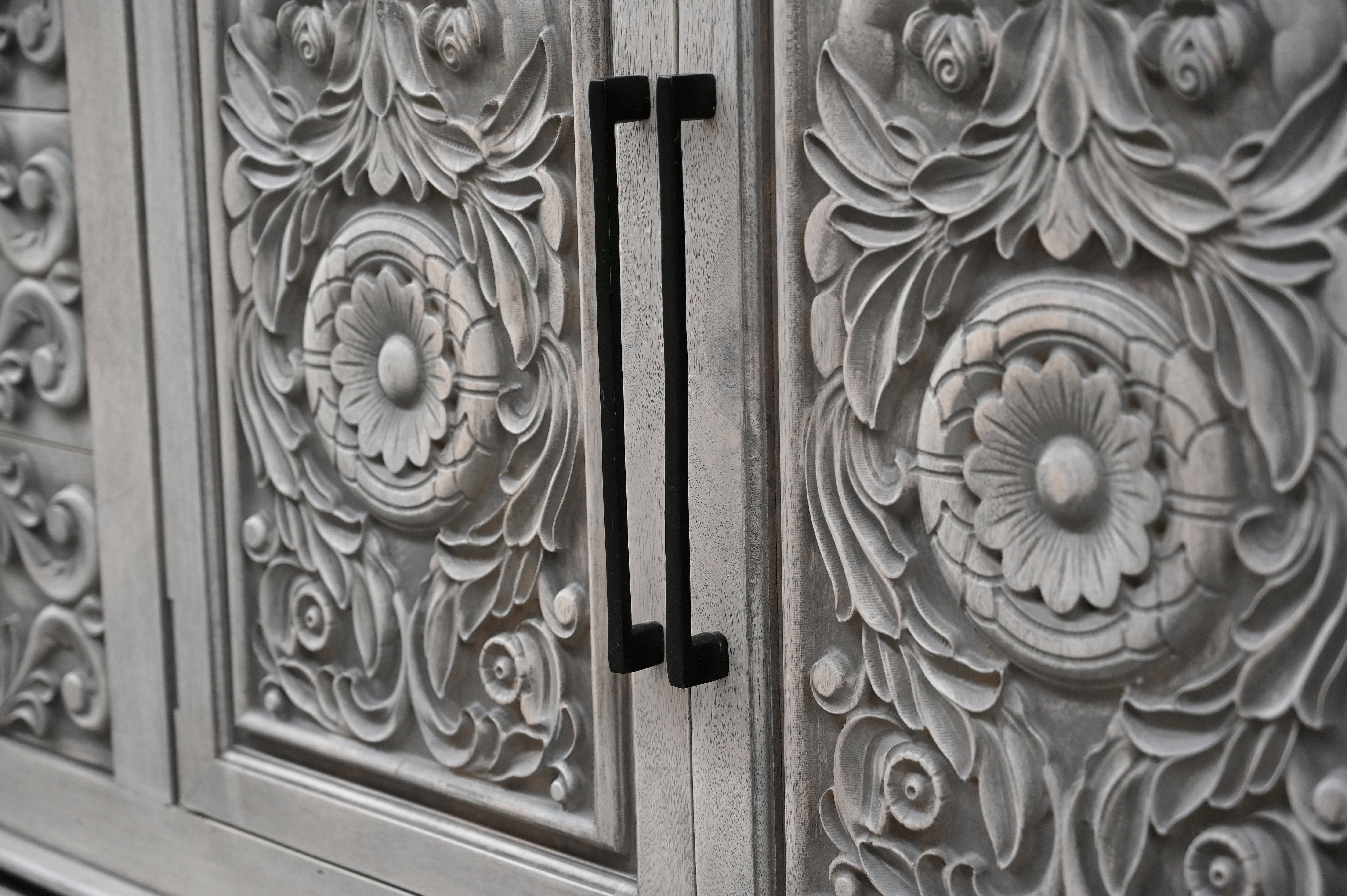 106" Gray Distressed Solid Wood Carved Floral Three Drawer Sideboard with Four Doors-Sideboards-DECOROLALA
