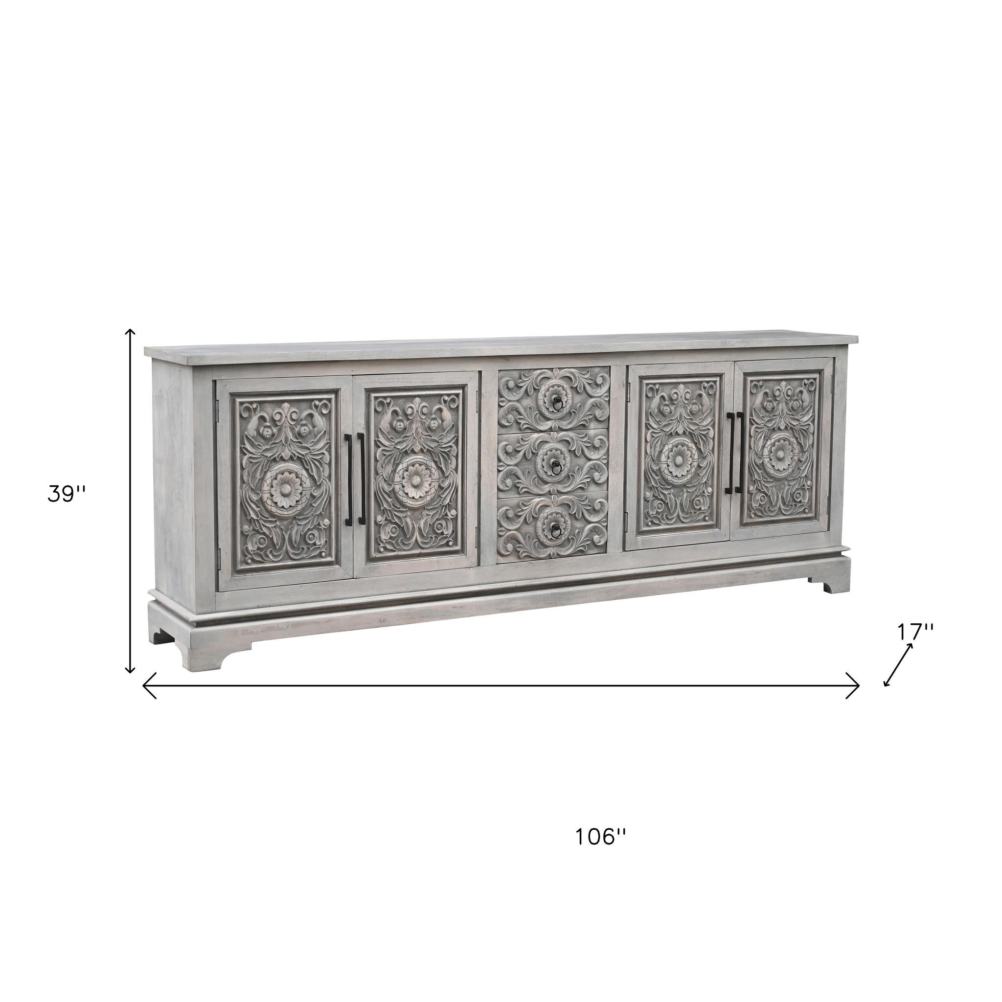 106" Gray Distressed Solid Wood Carved Floral Three Drawer Sideboard with Four Doors-Sideboards-DECOROLALA