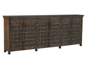 107" Brown Distressed Solid Wood Carved Floral Six Drawer Sideboard with Six Doors-0