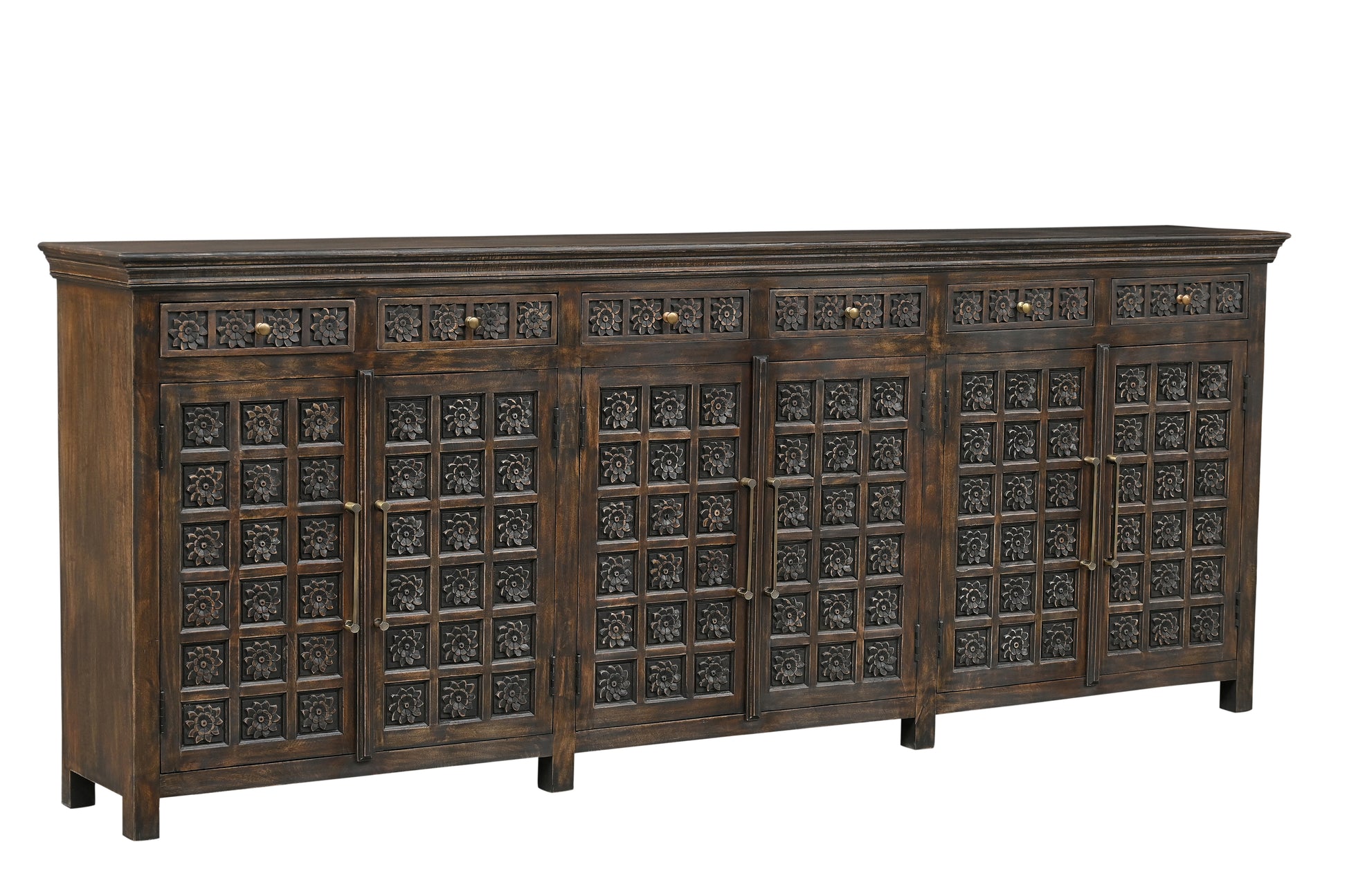 107" Brown Distressed Solid Wood Carved Floral Six Drawer Sideboard with Six Doors-0