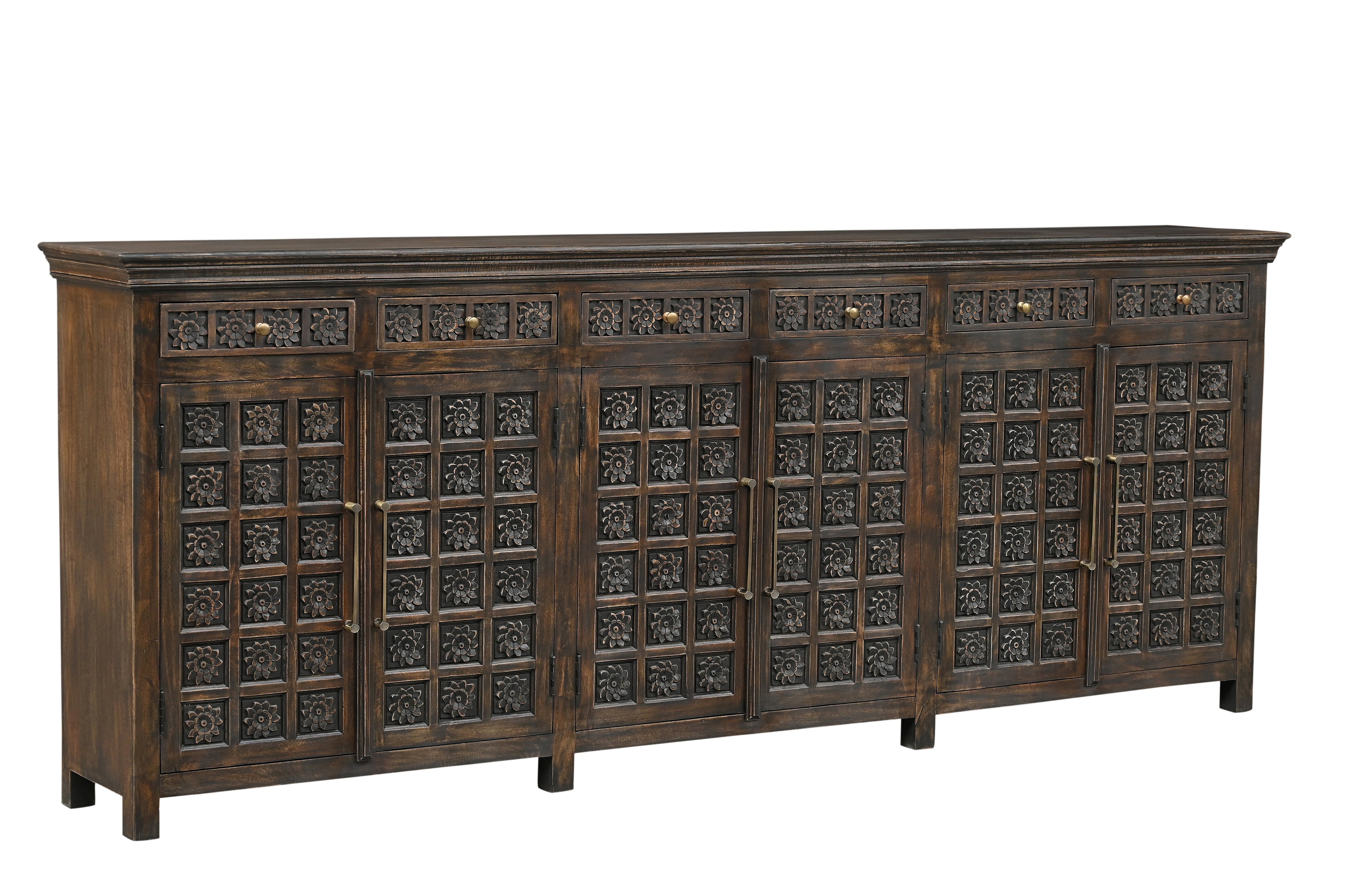 107" Brown Distressed Solid Wood Carved Floral Six Drawer Sideboard with Six Doors-0