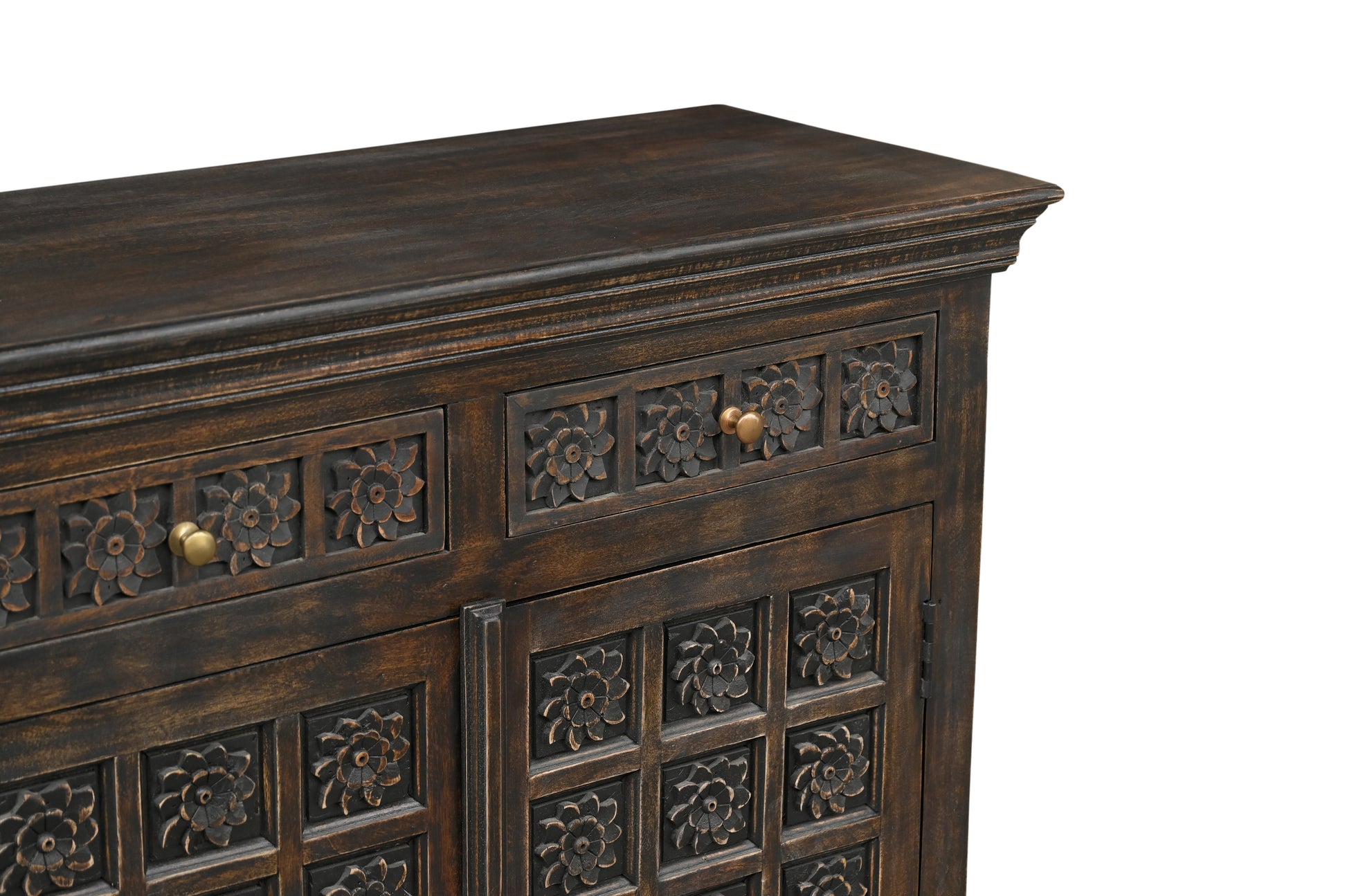 107" Brown Distressed Solid Wood Carved Floral Six Drawer Sideboard with Six Doors-4
