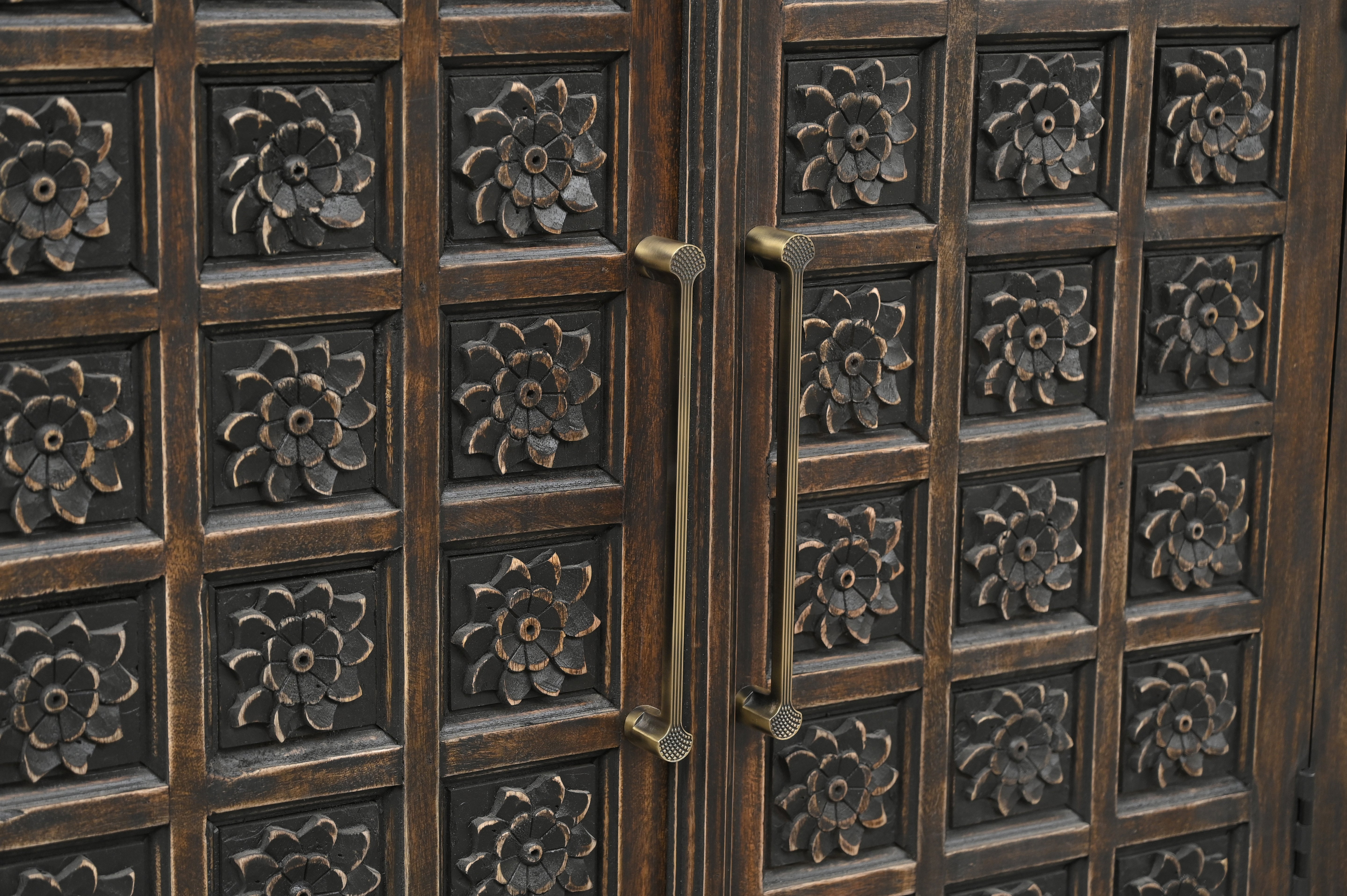 107" Brown Distressed Solid Wood Carved Floral Six Drawer Sideboard with Six Doors-7