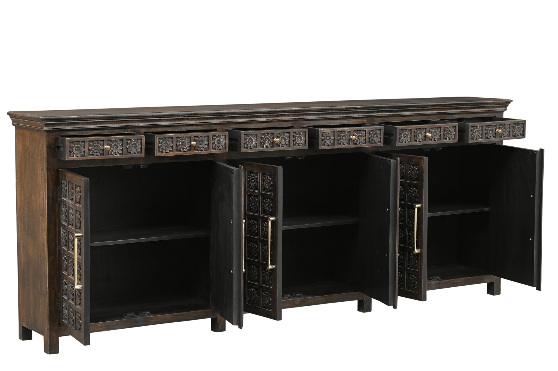 107" Brown Distressed Solid Wood Carved Floral Six Drawer Sideboard with Six Doors-2